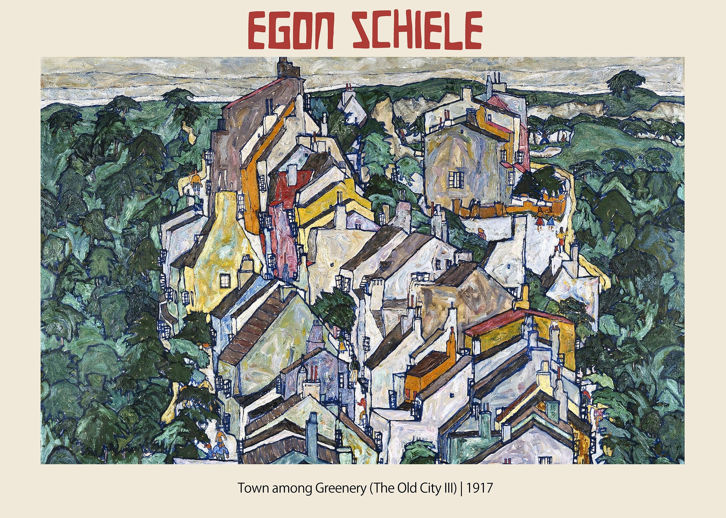 Egon Schiele's 1917 Expressionist painting of a clustered village (Town among Greenery) surrounded by deep green foliage.
