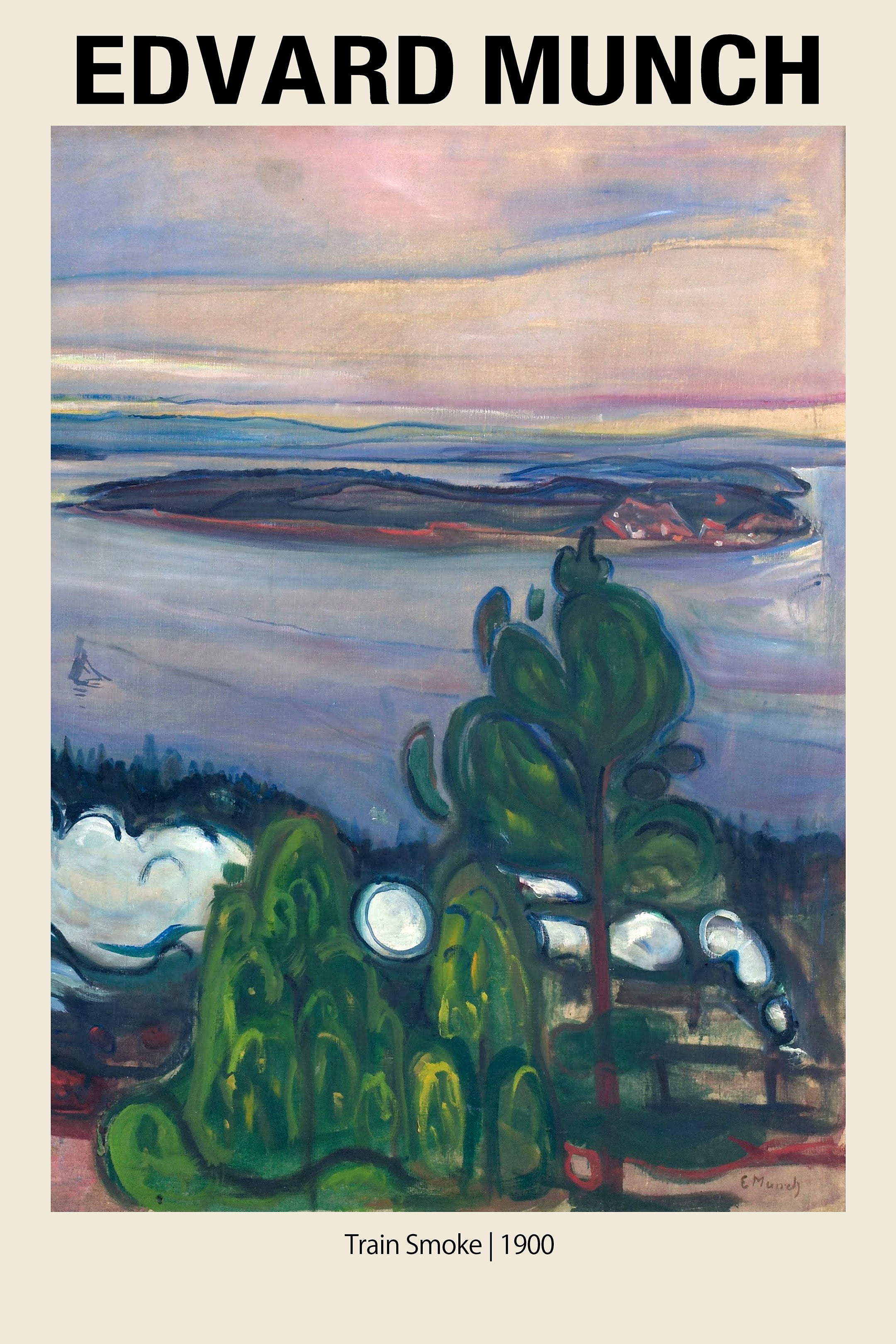 Edvard Munch painting titled "Train Smoke" (1900), featuring a vibrant green foreground and hazy blue fjord under a pink Expressionist sky.