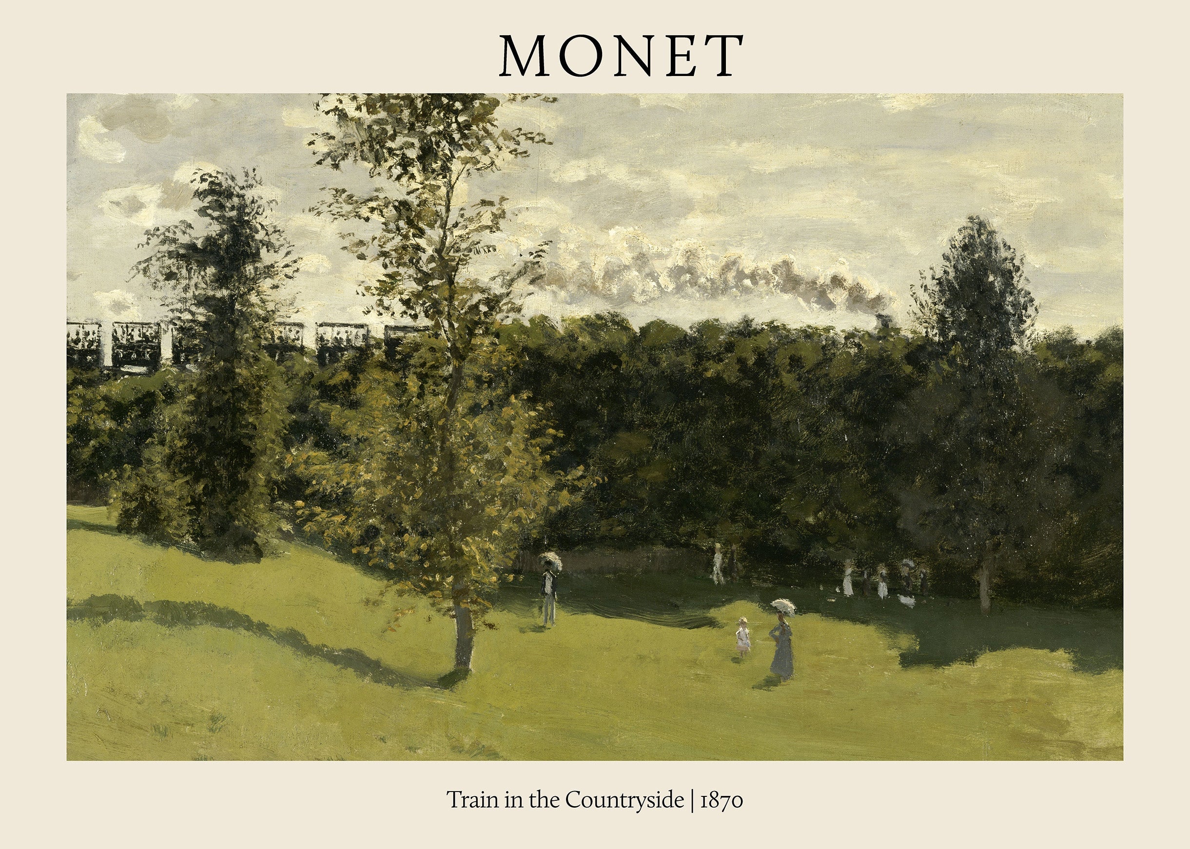 Claude Monet’s 1870 painting of a train passing through a green, tree-lined countryside with figures walking below.