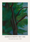 Georgia O'Keeffe 1920 oil painting, "Tree with Cut Limb," featuring a dark, strong trunk and deep green leaves set against a pale blue sky.