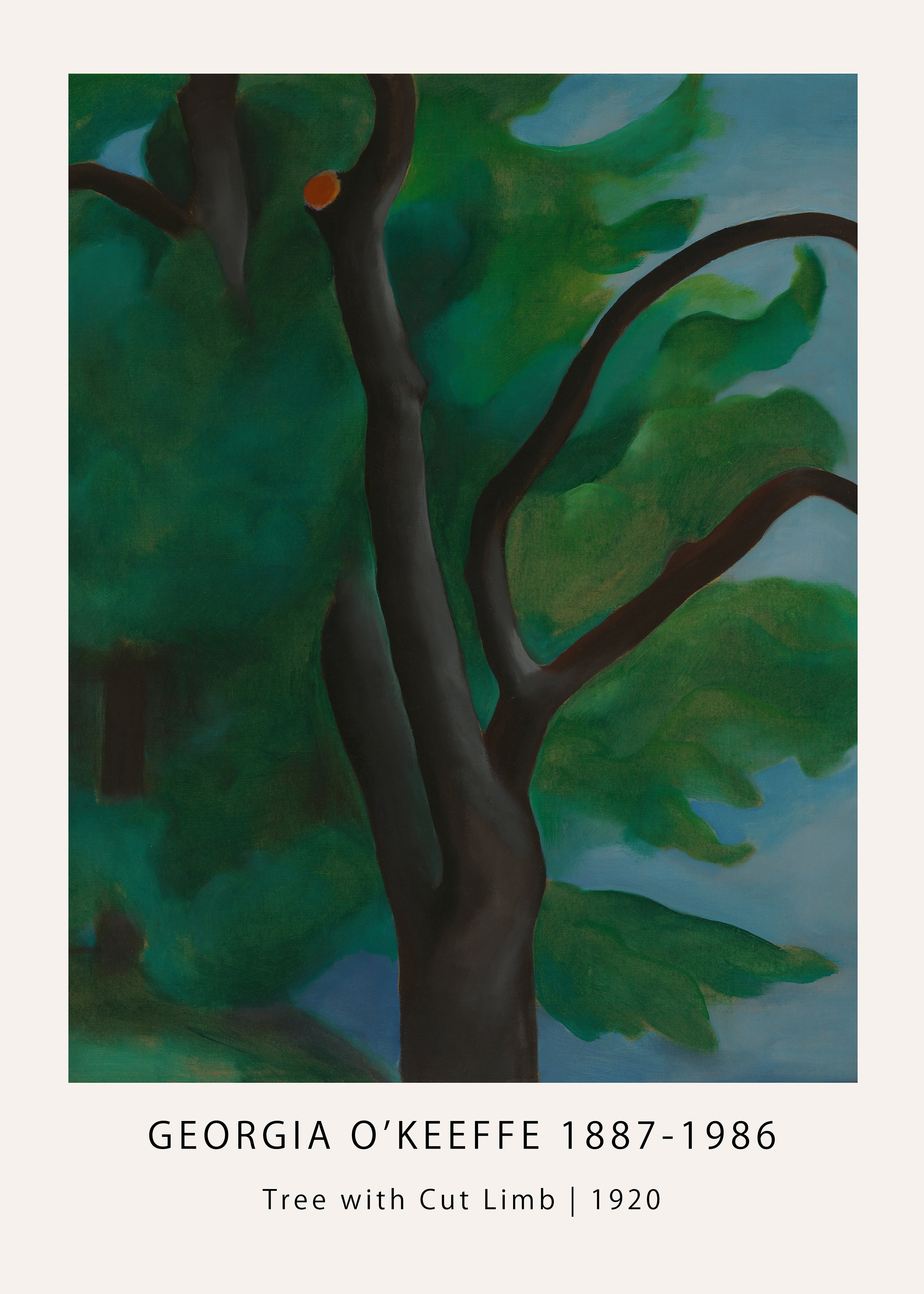 Georgia O'Keeffe 1920 oil painting, "Tree with Cut Limb," featuring a dark, strong trunk and deep green leaves set against a pale blue sky.