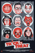 Trick 'r Treat movie poster featuring nine horror-themed masks and bold orange title text