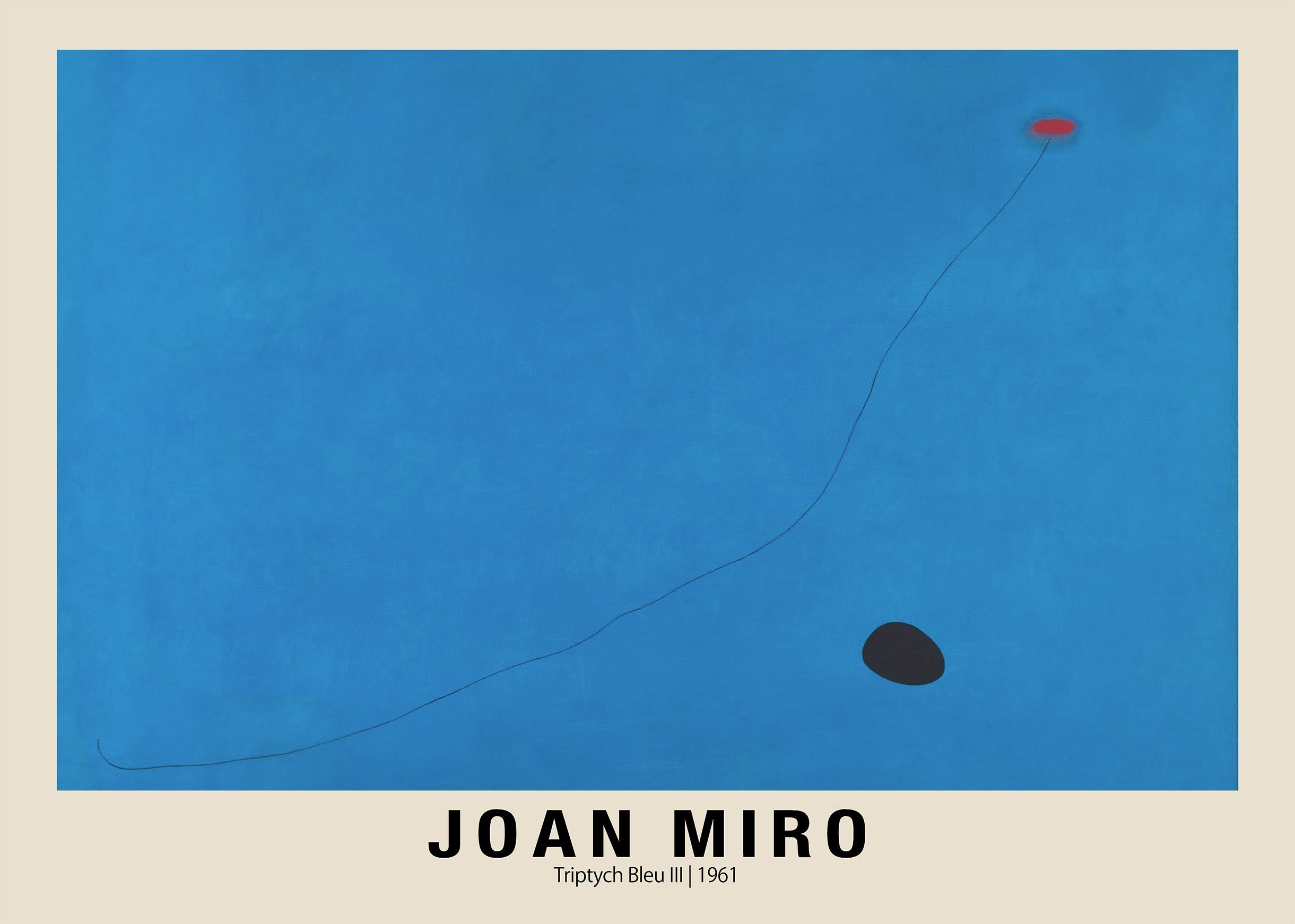 Abstract painting by Joan Miró, "Triptych Bleu III," featuring a deep blue field, a thin black line, a black oval, and a small red shape floating above it.