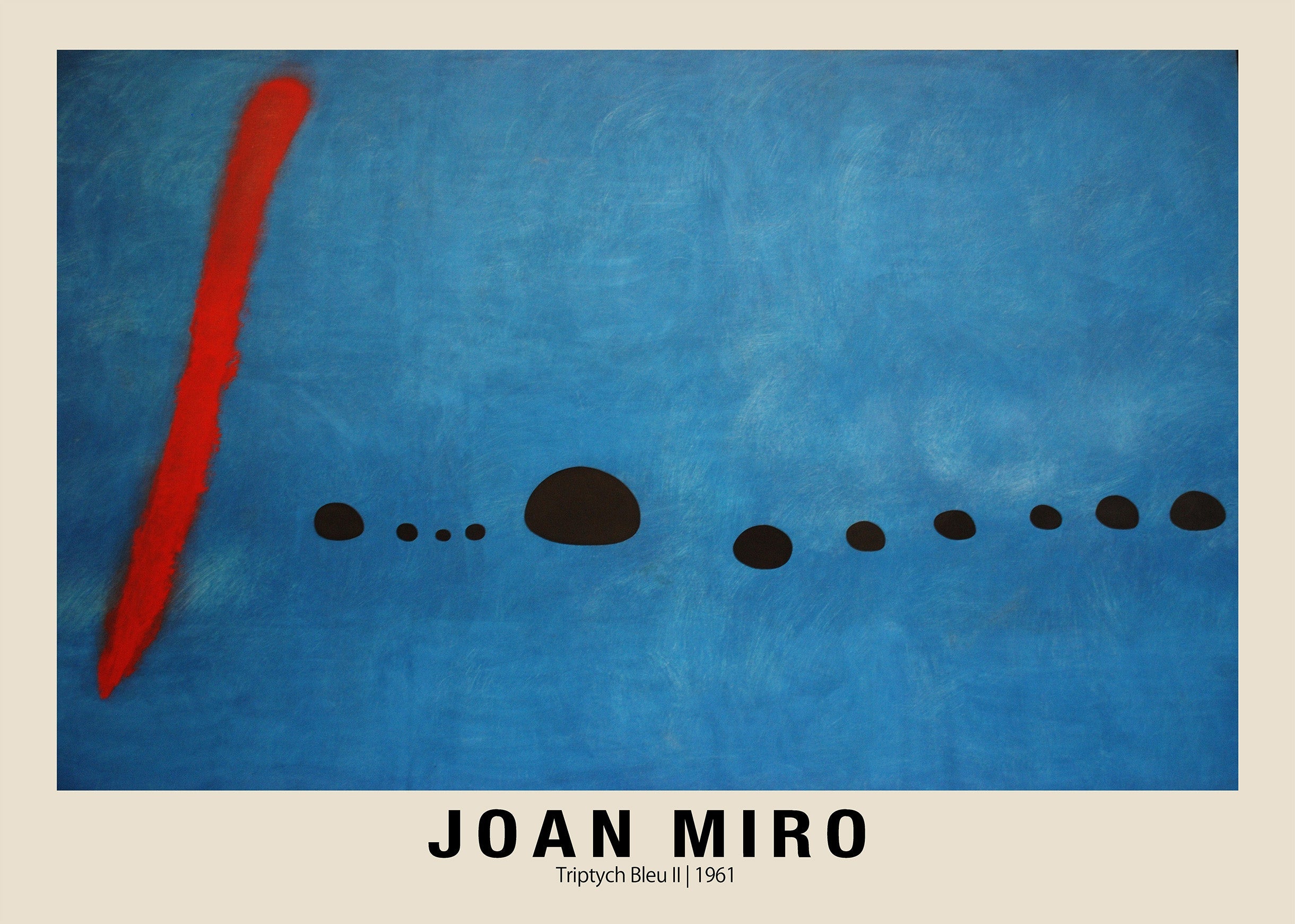 Reproduction of Joan Miró's 'Triptyque Bleu II' (1961), showing a textured blue canvas with a vertical red streak and horizontal black dots.