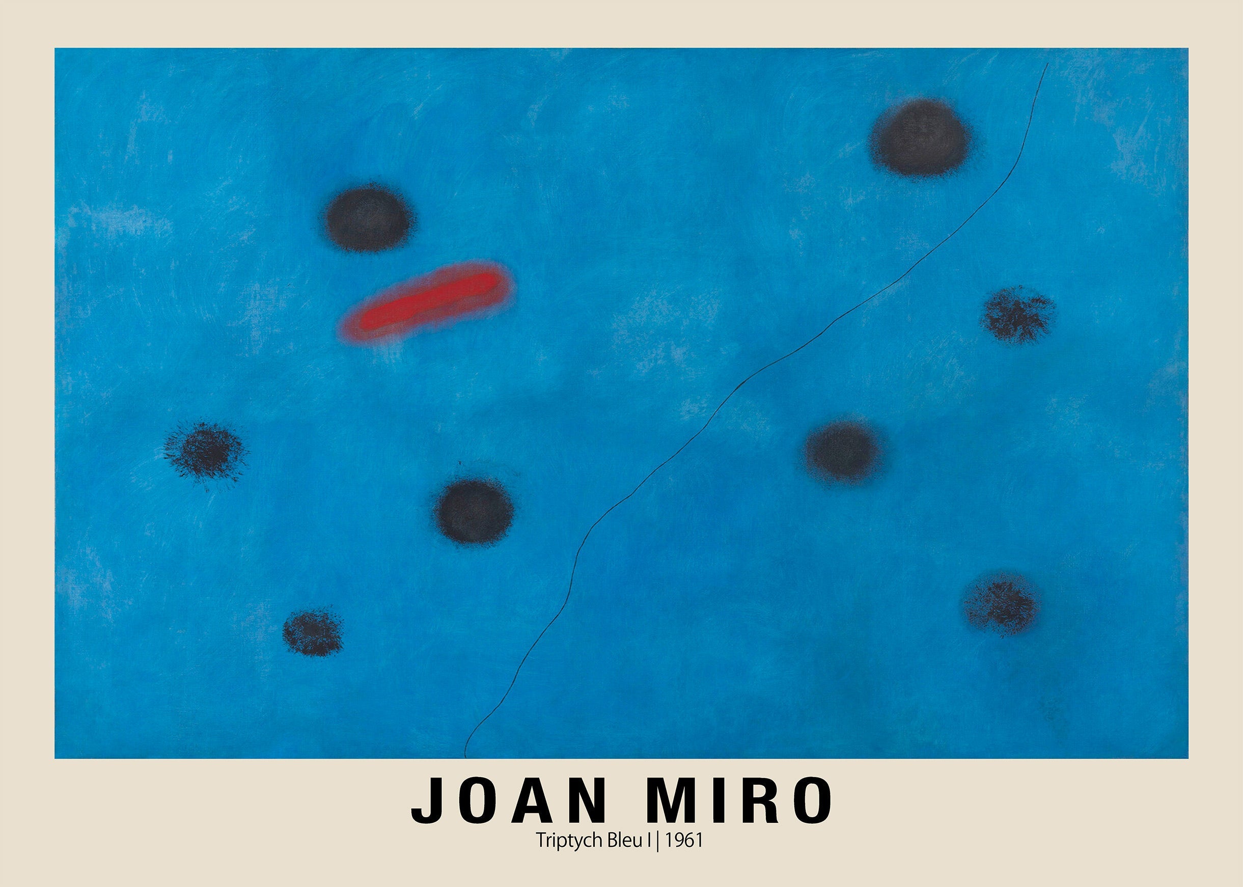 Joan Miro 1961 Triptych Bleu I painting reproduction featuring a textured blue background, black floating dots, and a central red horizontal bar.