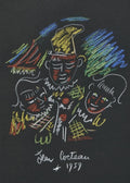 Colorful chalk drawing by Jean Cocteau (1959) featuring three expressive, abstracted figures or clowns against a black background.