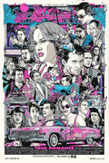 Colorful True Romance movie poster featuring illustrated characters, a pink convertible car, and noir comic style