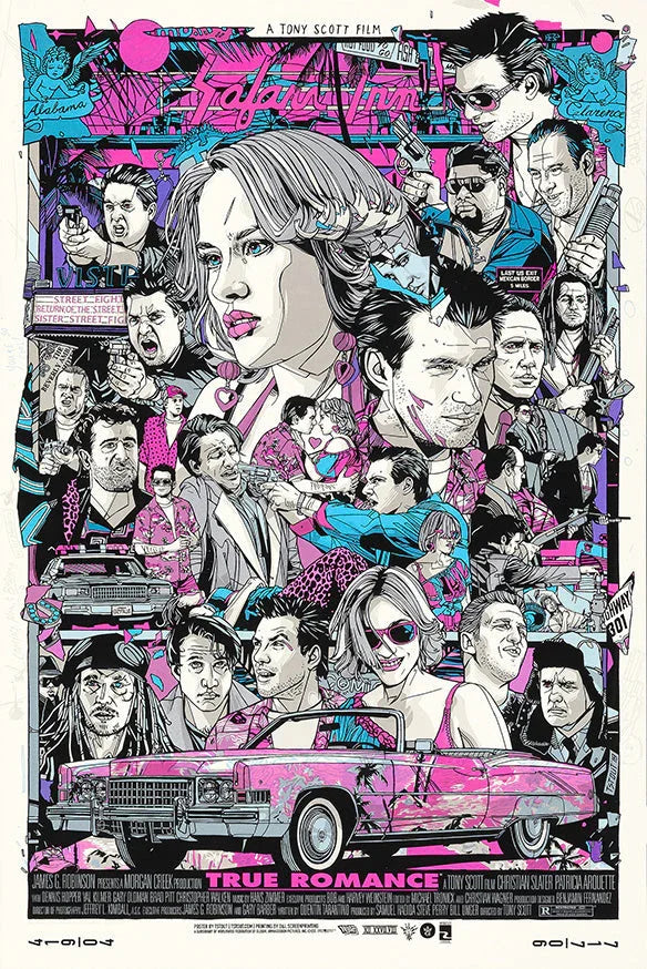 Colorful True Romance movie poster featuring illustrated characters, a pink convertible car, and noir comic style