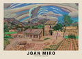 Joan Miró 1918 painting, "Tuilerie à Mont-roig," depicting a rural Catalan tile works with fields, palm trees, and a striking striped sky.