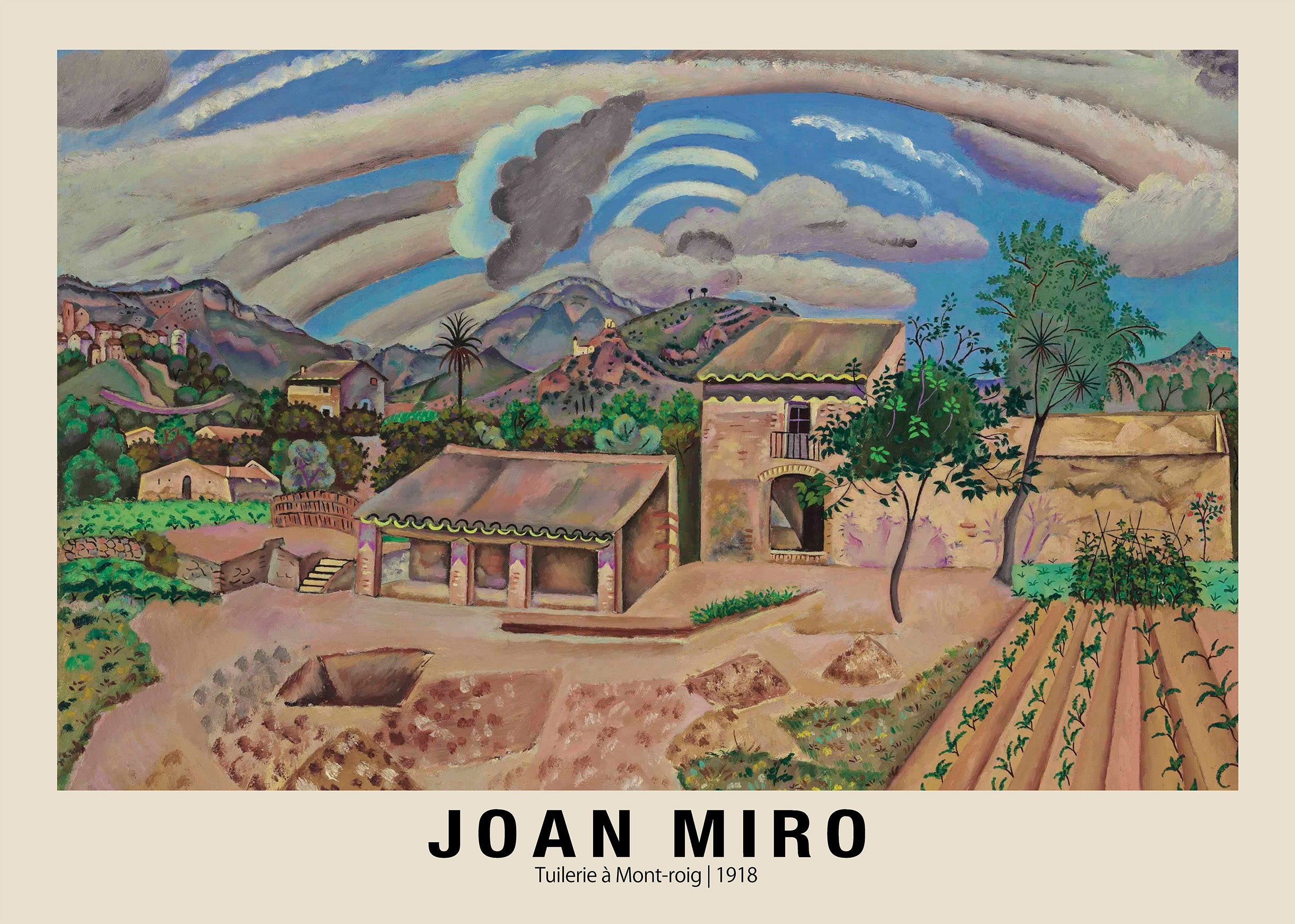 Joan Miró 1918 painting, "Tuilerie à Mont-roig," depicting a rural Catalan tile works with fields, palm trees, and a striking striped sky.