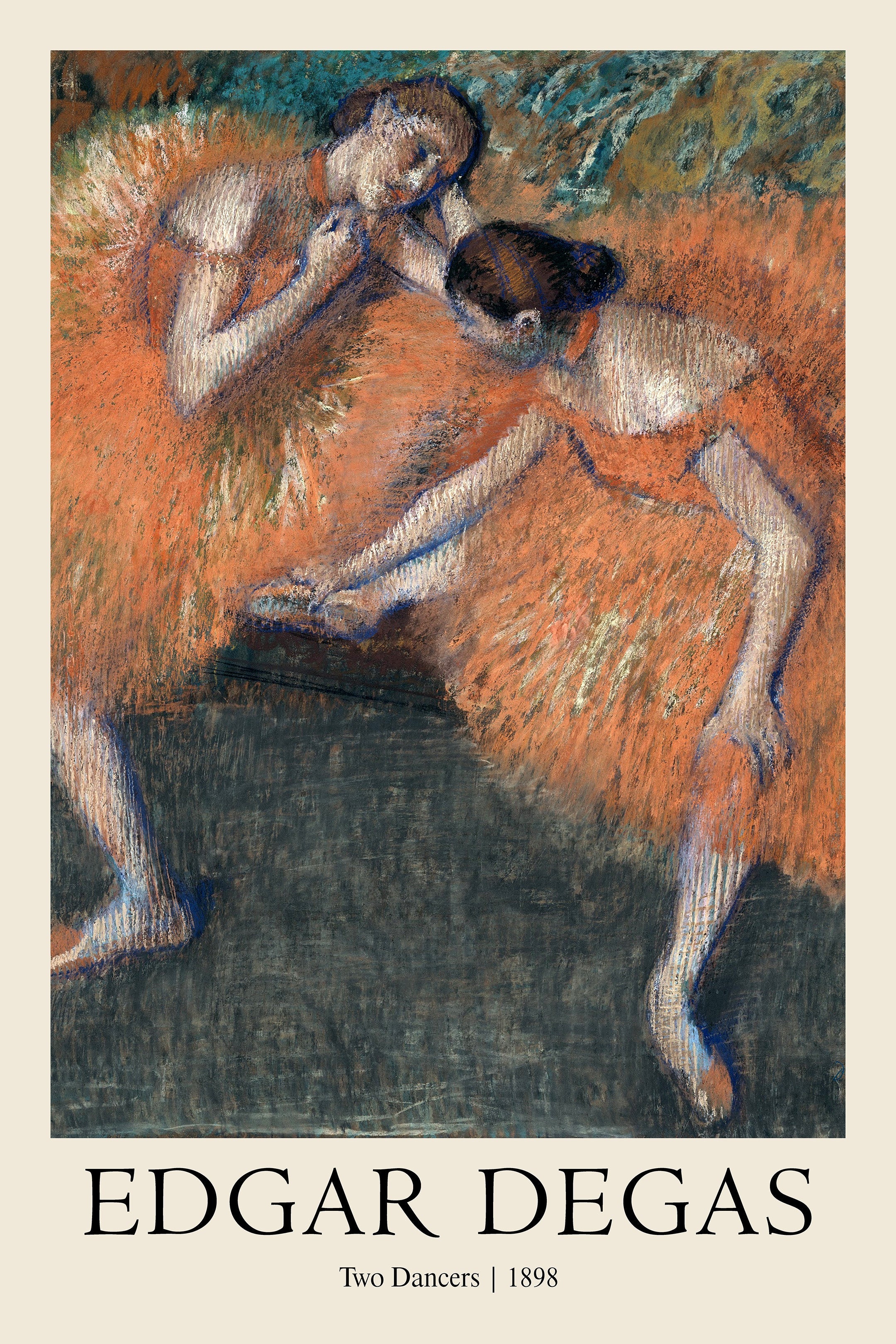 Edgar Degas' 1898 pastel painting, "Two Dancers," featuring two ballerinas in vibrant orange tutus against a dark, moody background.