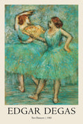 Edgar Degas pastel painting reproduction of two ballet dancers in teal tutus, one holding a gold fan, against a heavily textured turquoise background.