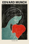 Edvard Munch 1899 woodcut titled "Two Heart," showing a turquoise figure embracing a bright red heart shape against a textured black background.