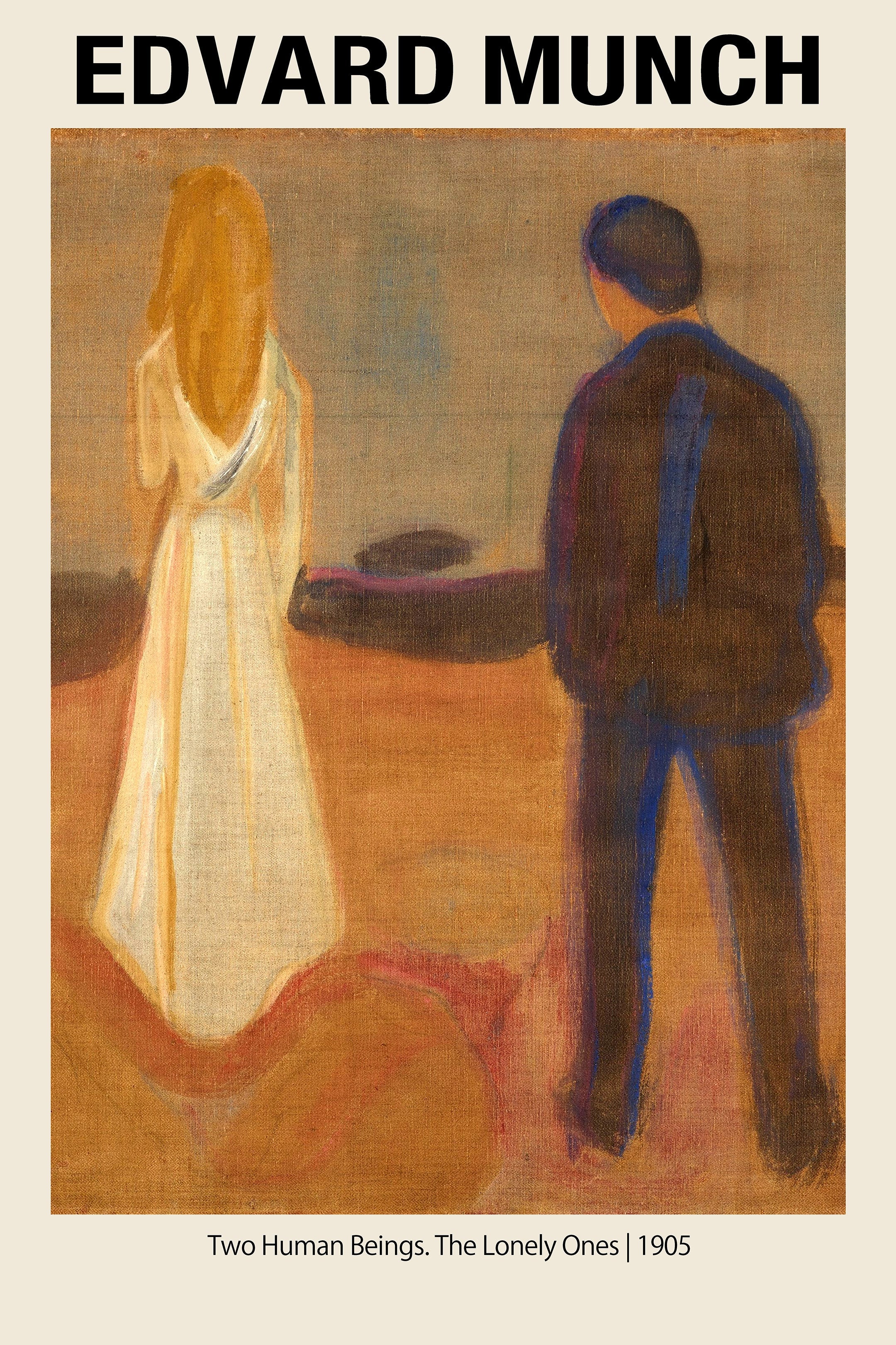 Edvard Munch's "Two Human Beings, The Lonely Ones" Expressionist painting featuring a separated couple facing the sea in muted tones.
