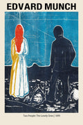 Edvard Munch woodcut print (1899) depicting a woman with bright red hair and a man in silhouette against a textured blue background, conveying isolation.