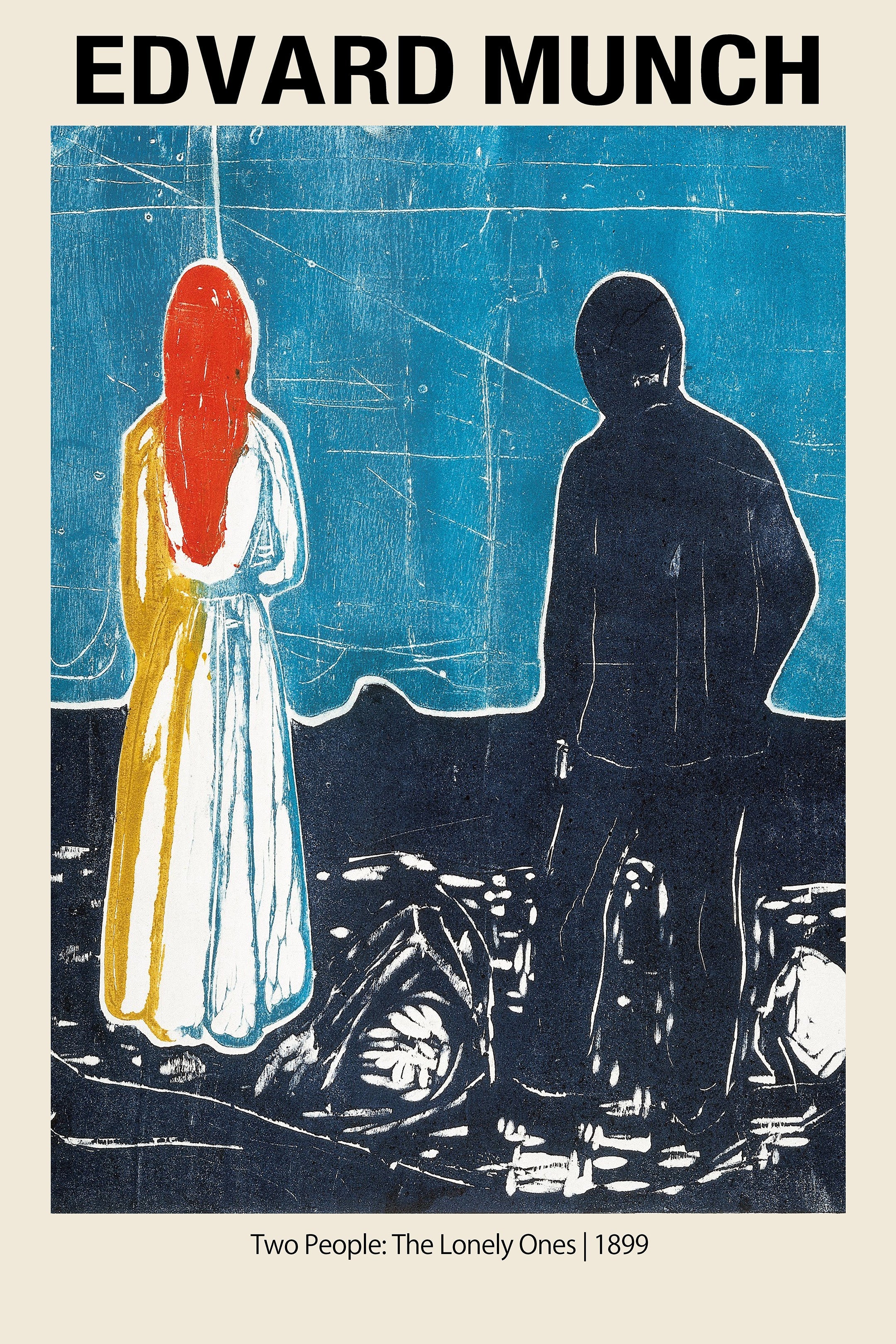 Edvard Munch woodcut print (1899) depicting a woman with bright red hair and a man in silhouette against a textured blue background, conveying isolation.