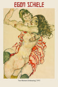 Egon Schiele's Expressionist artwork, "Two Women Embracing," showing two figures in a close, emotional embrace using watercolor and charcoal lines from 1915.