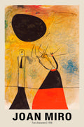 Artwork by Joan Miró, "Two Characters" (1938), showing two stylized figures against a distressed yellow and orange background, beneath a large black oval.