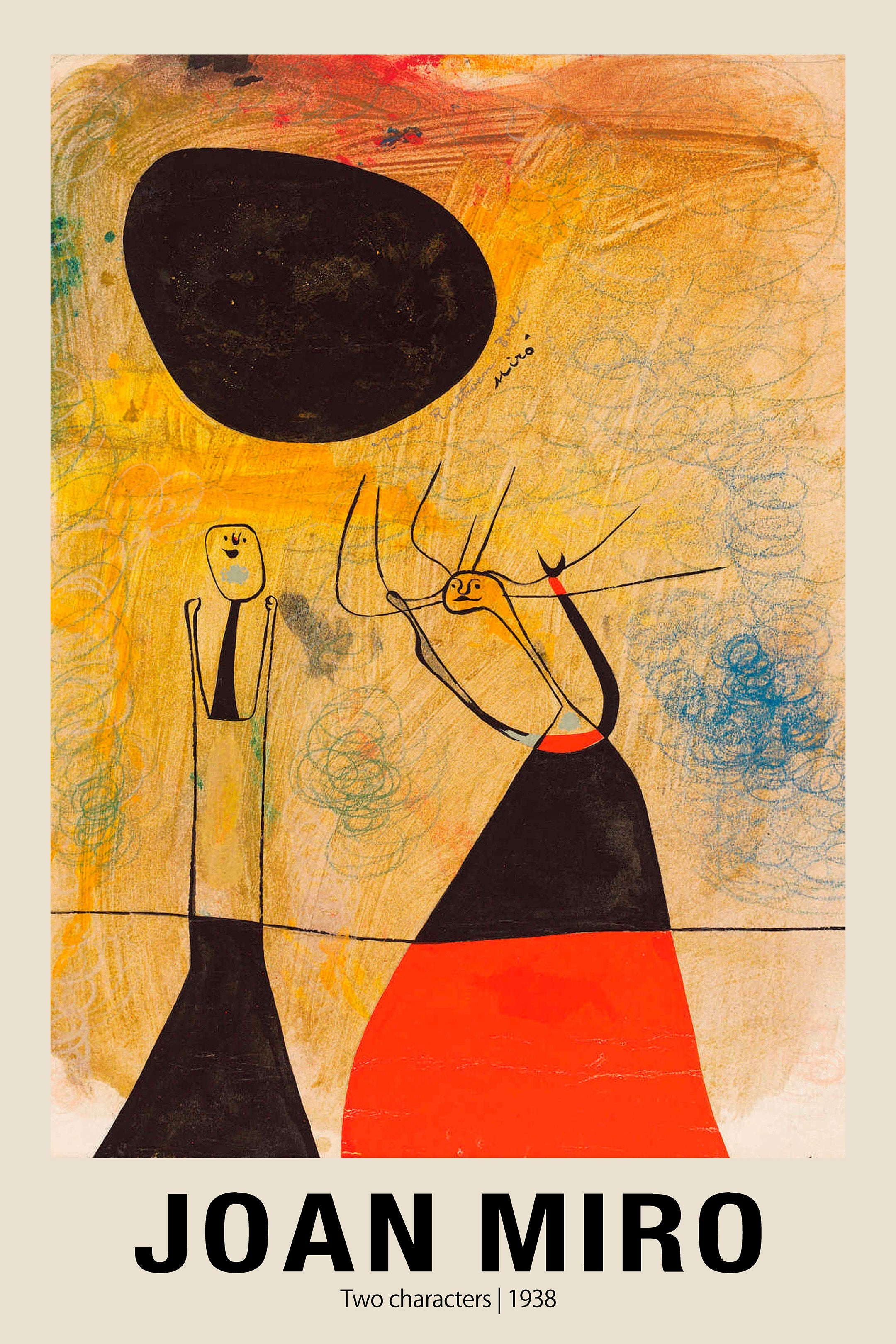 Artwork by Joan Miró, "Two Characters" (1938), showing two stylized figures against a distressed yellow and orange background, beneath a large black oval.