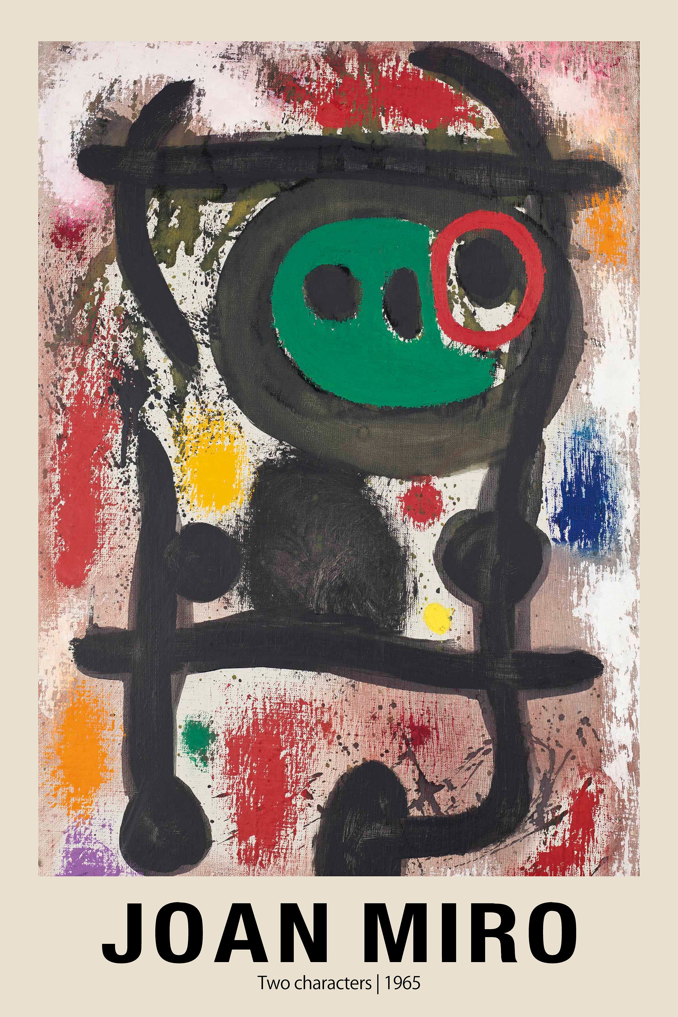 Abstract painting "Two characters" by Joan Miró (1965) featuring bold black lines, a green face, red ring, and colorful splatter background.