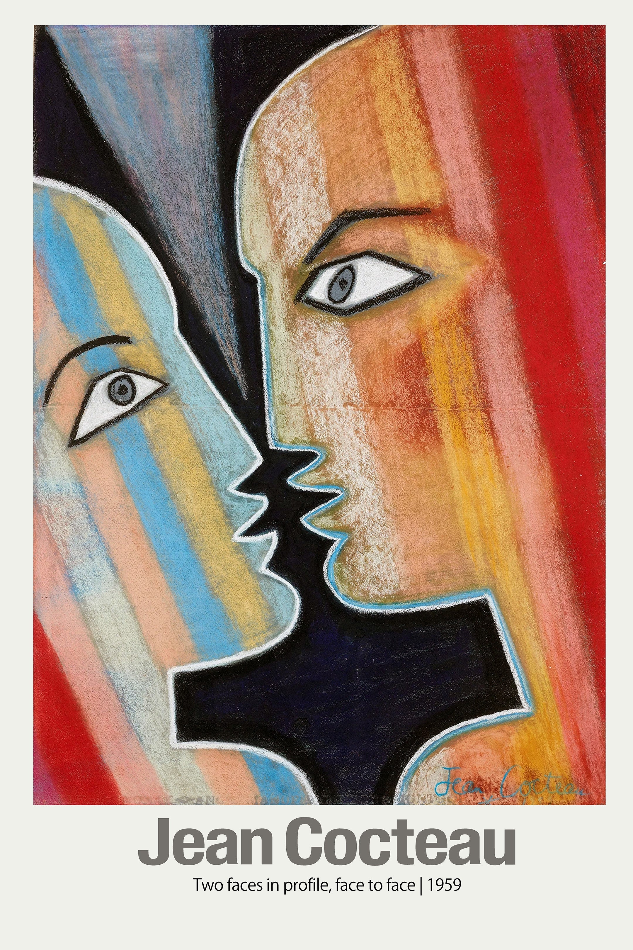 Jean Cocteau pastel drawing, 1959, showing two brightly colored abstract faces in profile facing each other, using blue, red, and orange tones.