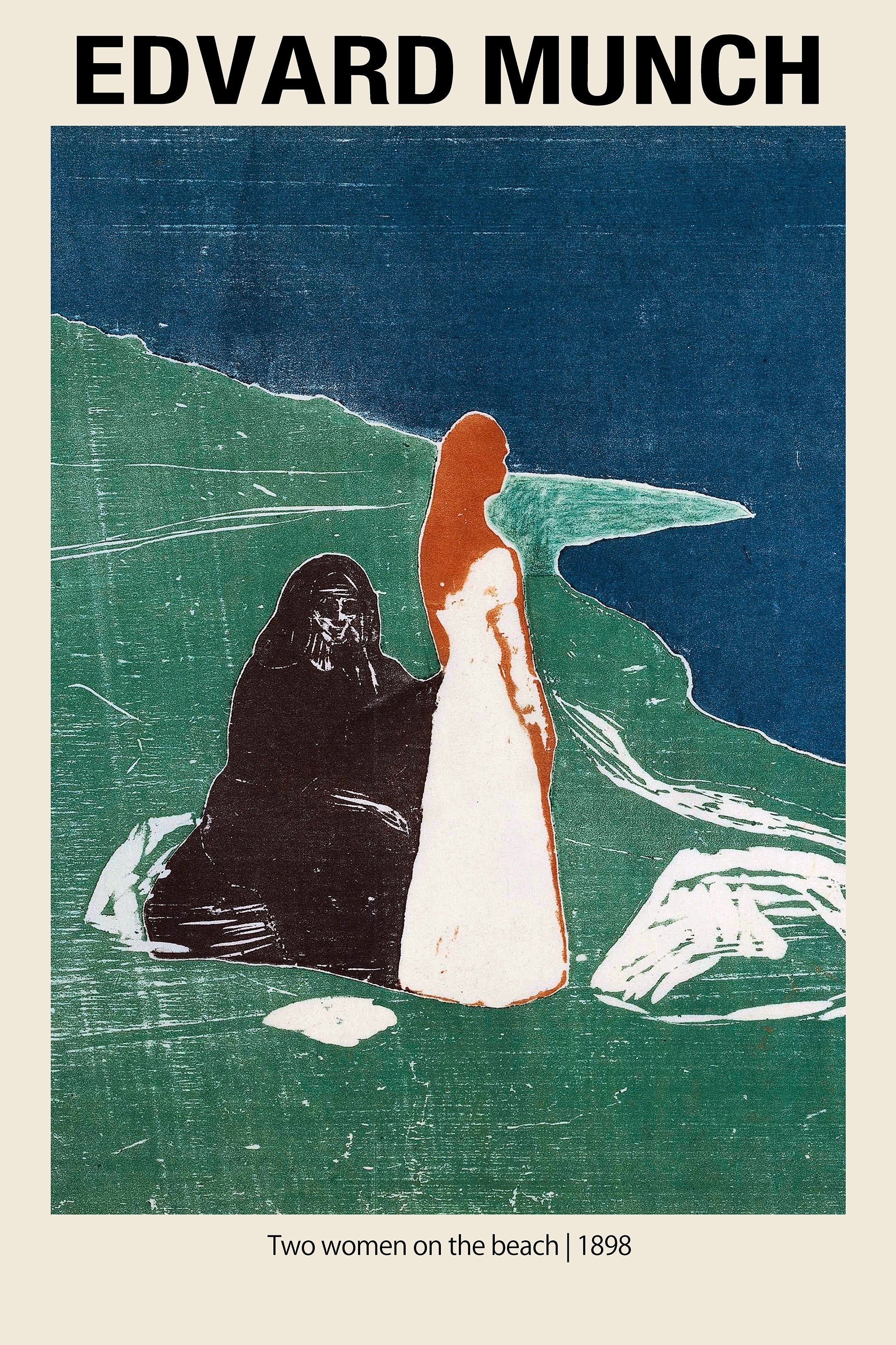 Edvard Munch's 1898 woodcut "Two Women on the Beach," featuring a dark and light female figure on a textured green and blue expressionist coastline.