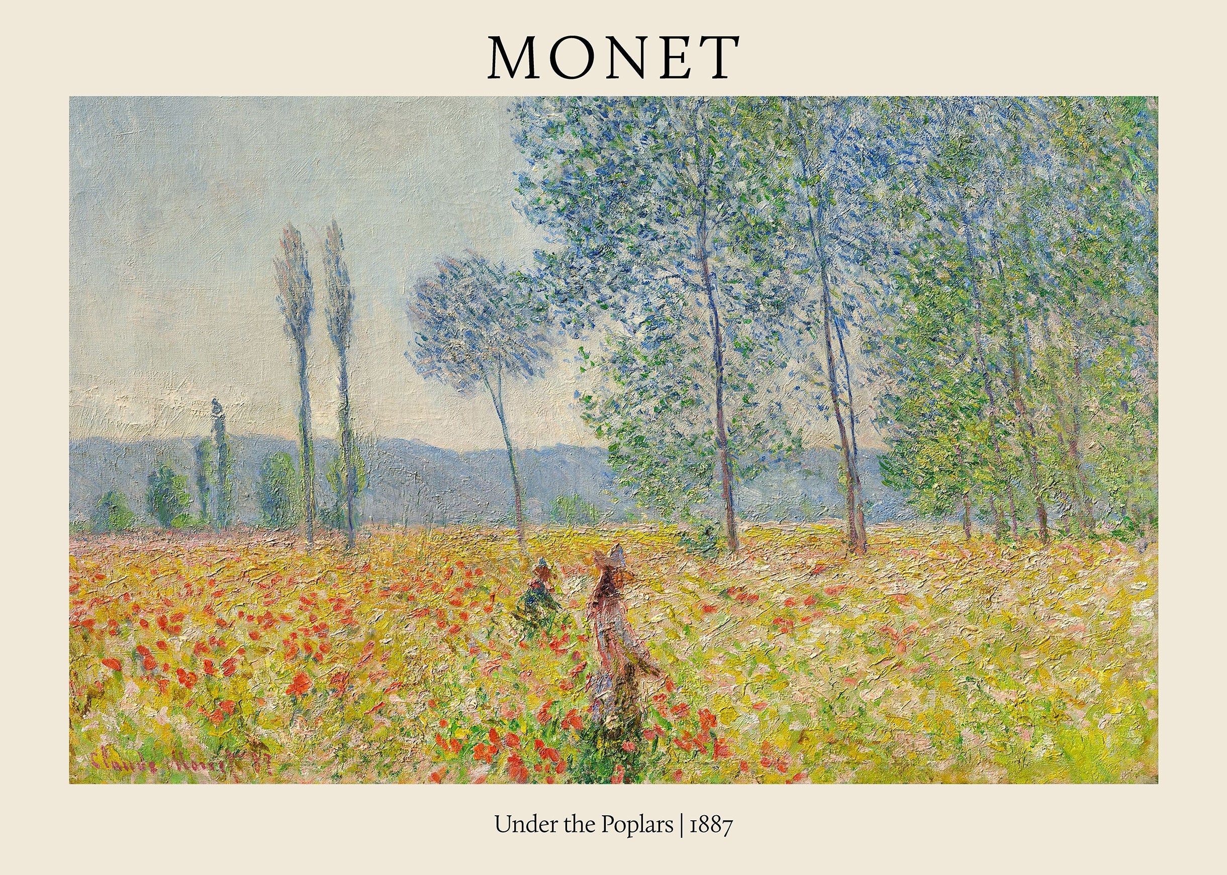Claude Monet's 1887 Impressionist painting, "Under the Poplars," showing a bright field of wildflowers and tall trees.