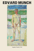 Expressionist painting "Ungdom (Youth)" by Edvard Munch (1910) depicting a stylized, nude male figure in vivid yellow and red tones.