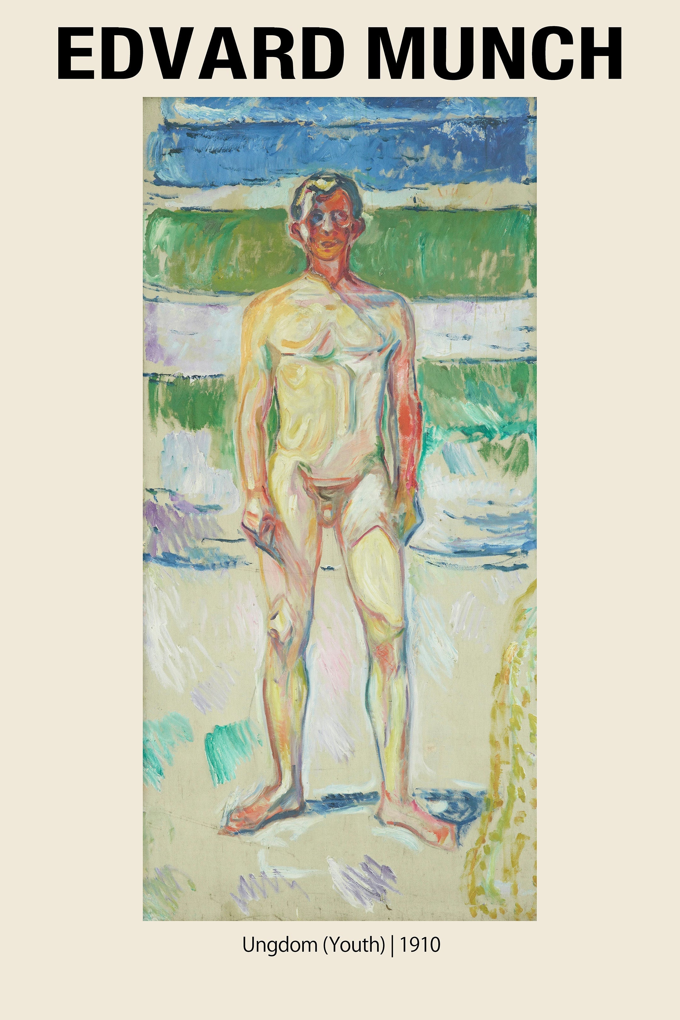 Expressionist painting "Ungdom (Youth)" by Edvard Munch (1910) depicting a stylized, nude male figure in vivid yellow and red tones.