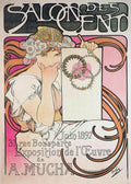 Alphonse Mucha 1897 Art Nouveau advertising poster featuring a woman with flowing hair and daisies designing jewelry.