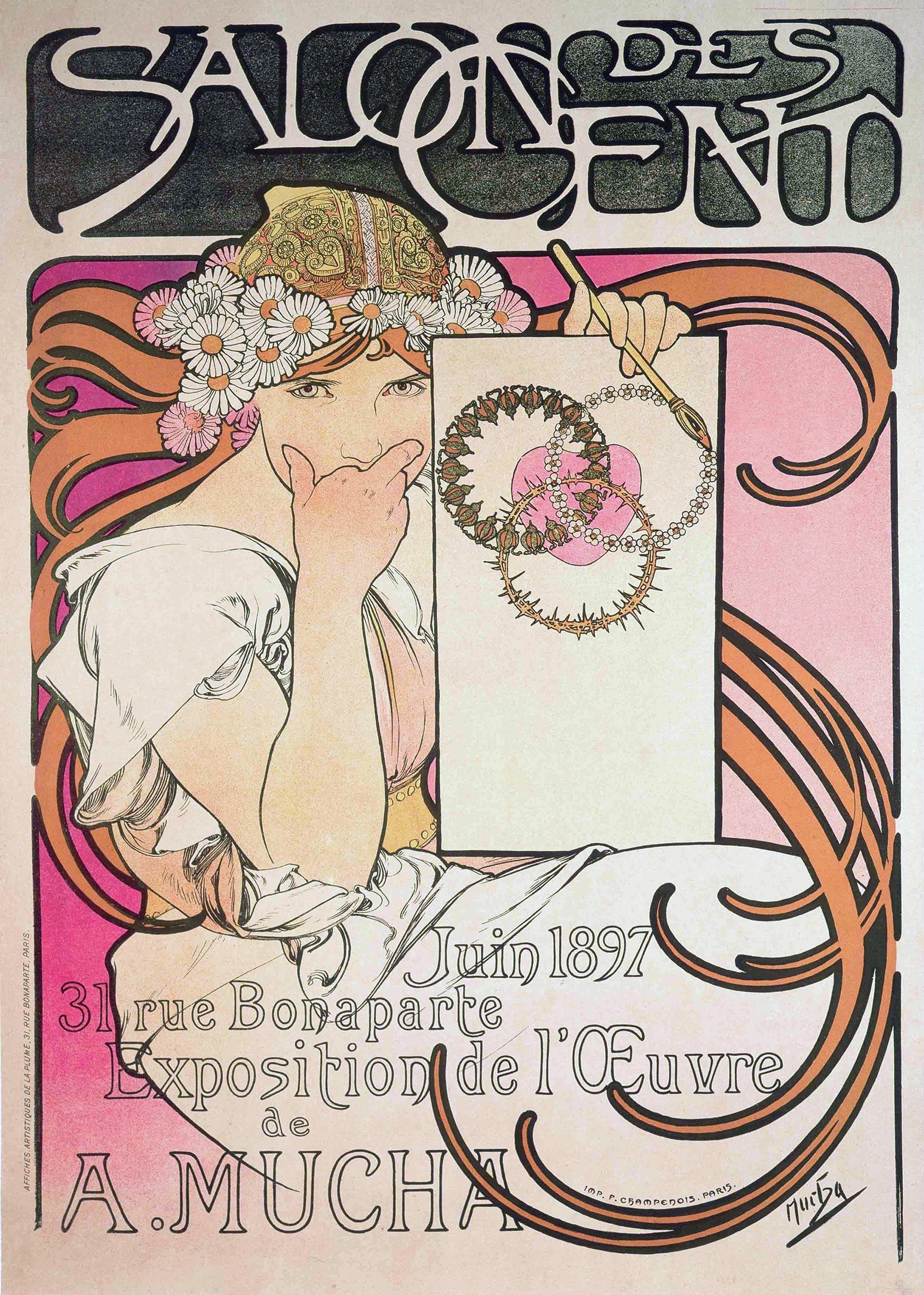 Alphonse Mucha 1897 Art Nouveau advertising poster featuring a woman with flowing hair and daisies designing jewelry.