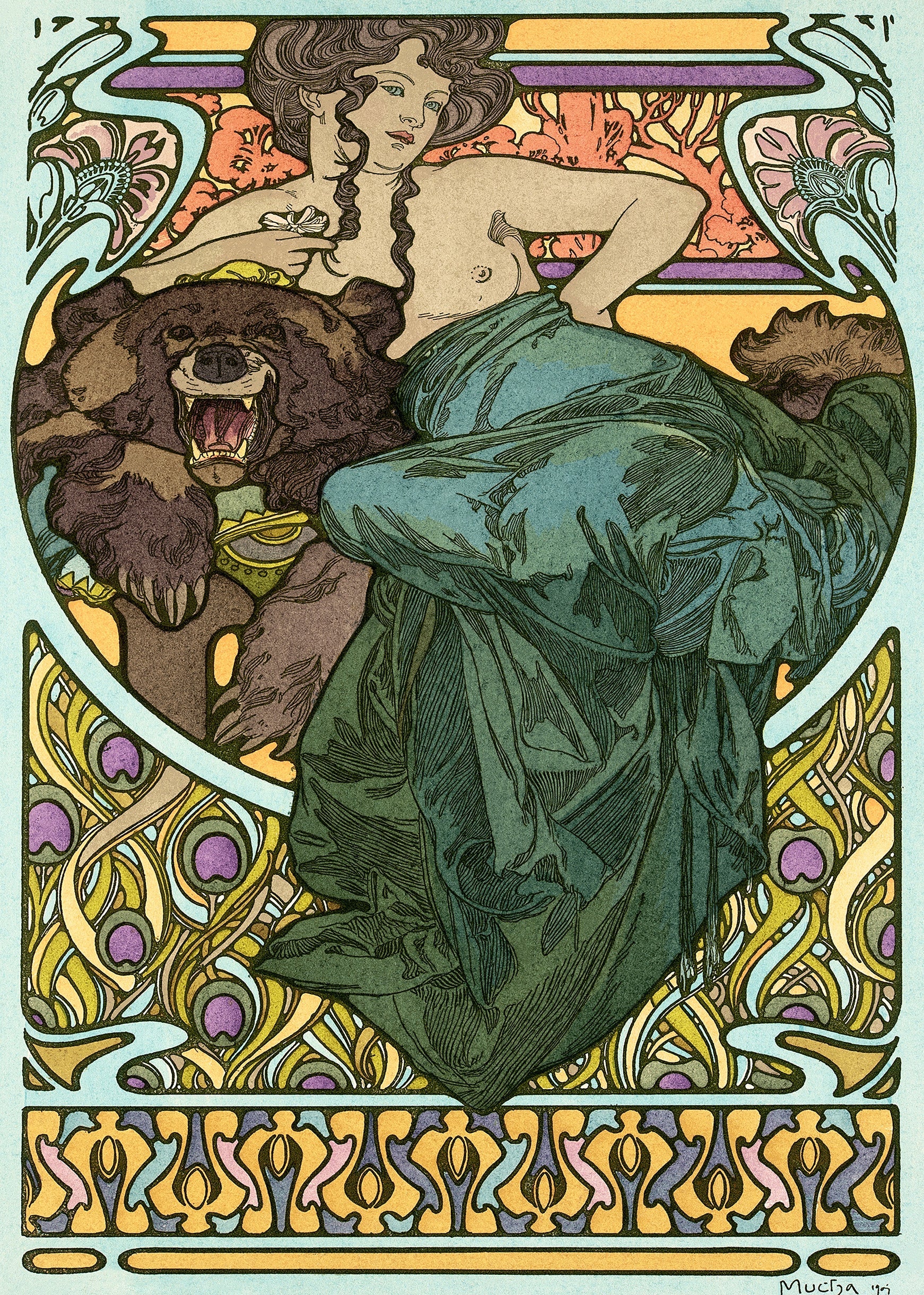 Full-color Art Nouveau illustration by Alphonse Mucha featuring a graceful, draped woman holding a flower next to a fierce, roaring brown bear surrounded by elaborate peacock feather motifs.