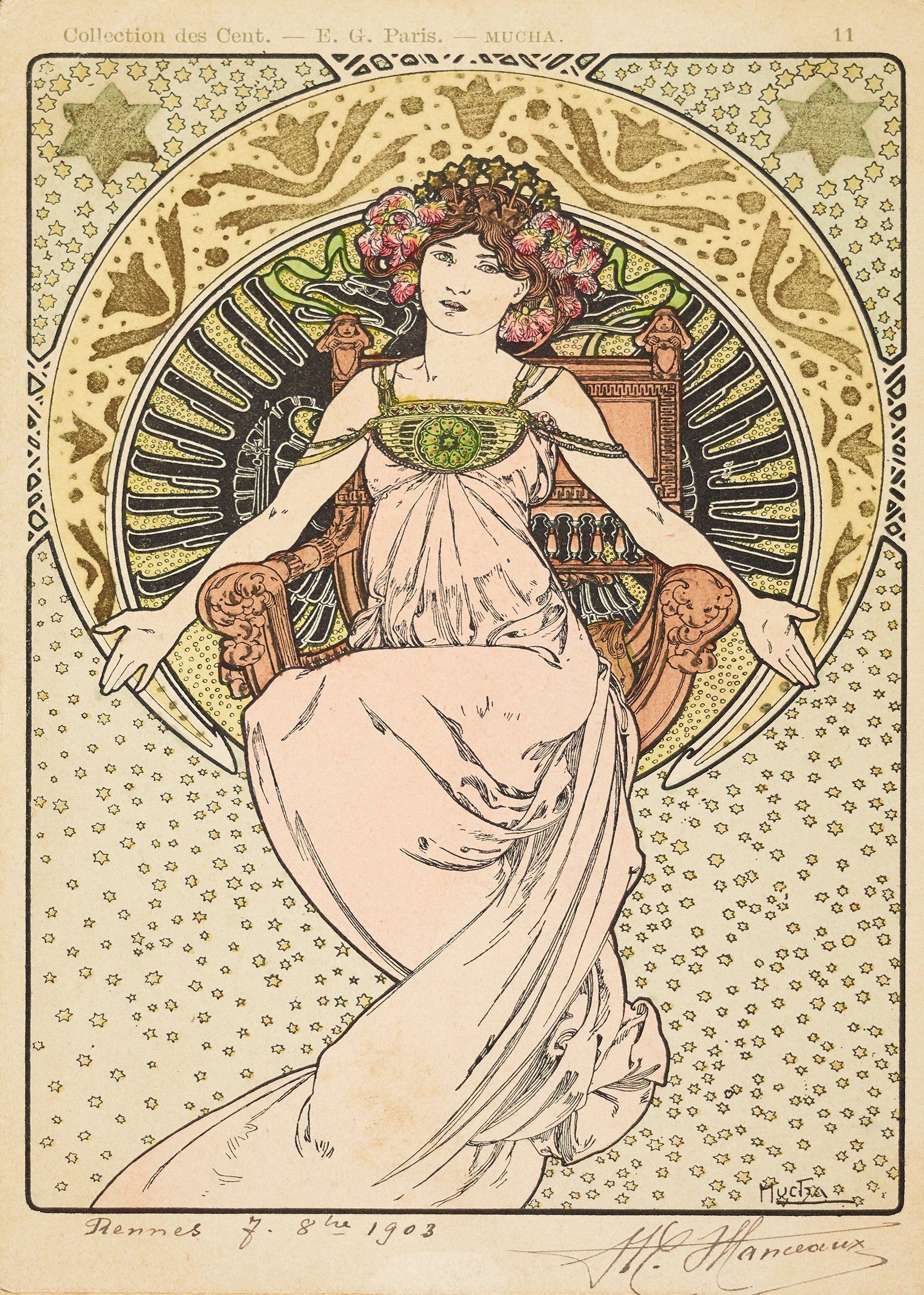 Art Nouveau lithograph by Alphonse Mucha (1903) showing a woman in flowing pink robes seated regally on a wooden throne, surrounded by golden stars.