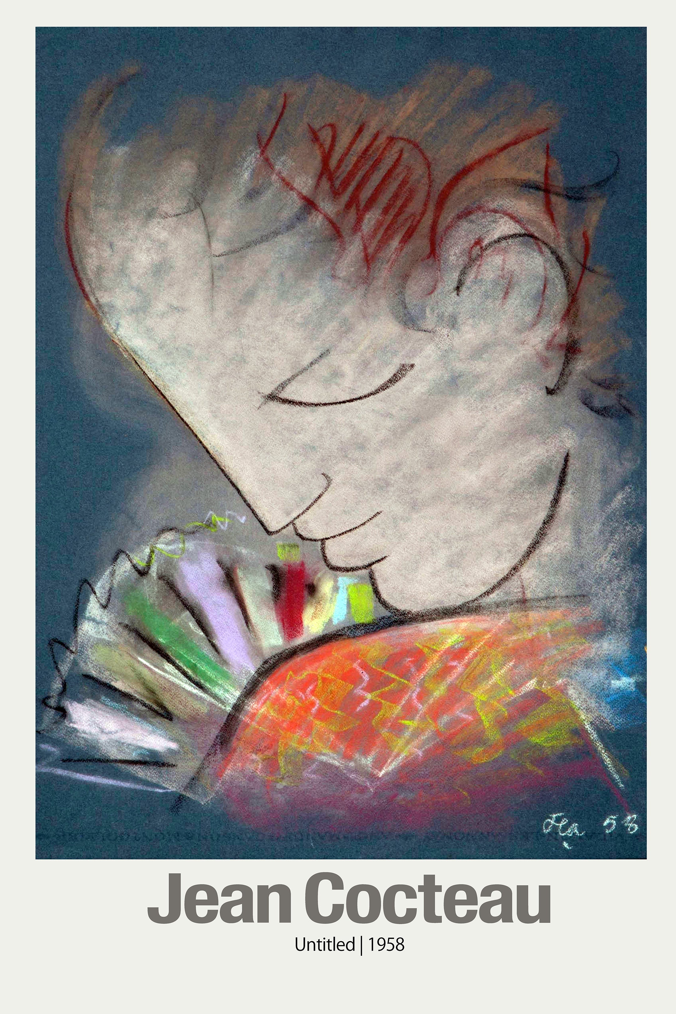Abstract pastel drawing by Jean Cocteau from 1958, showing a pale, simplified profile resting near a burst of vibrant reds, oranges, and greens on a dark blue background.