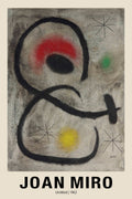 Abstract painting by Joan Miró (Untitled, 1962) featuring thick black lines, a red arc, and yellow and green dots on a textured gray background.