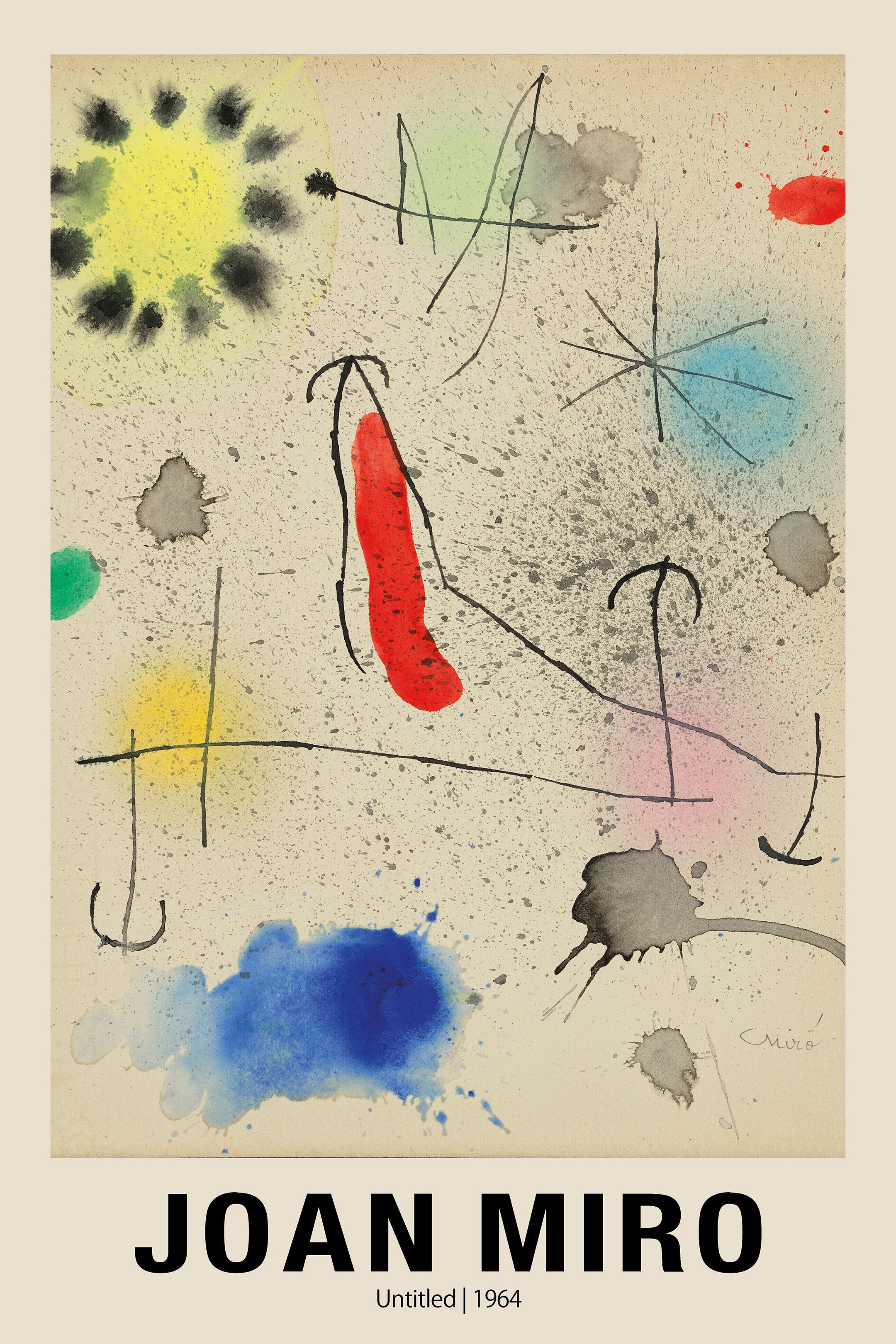 Colorful abstract work by Joan Miró from 1964, featuring red, blue, and yellow washes and fine black ink splatters on textured paper.