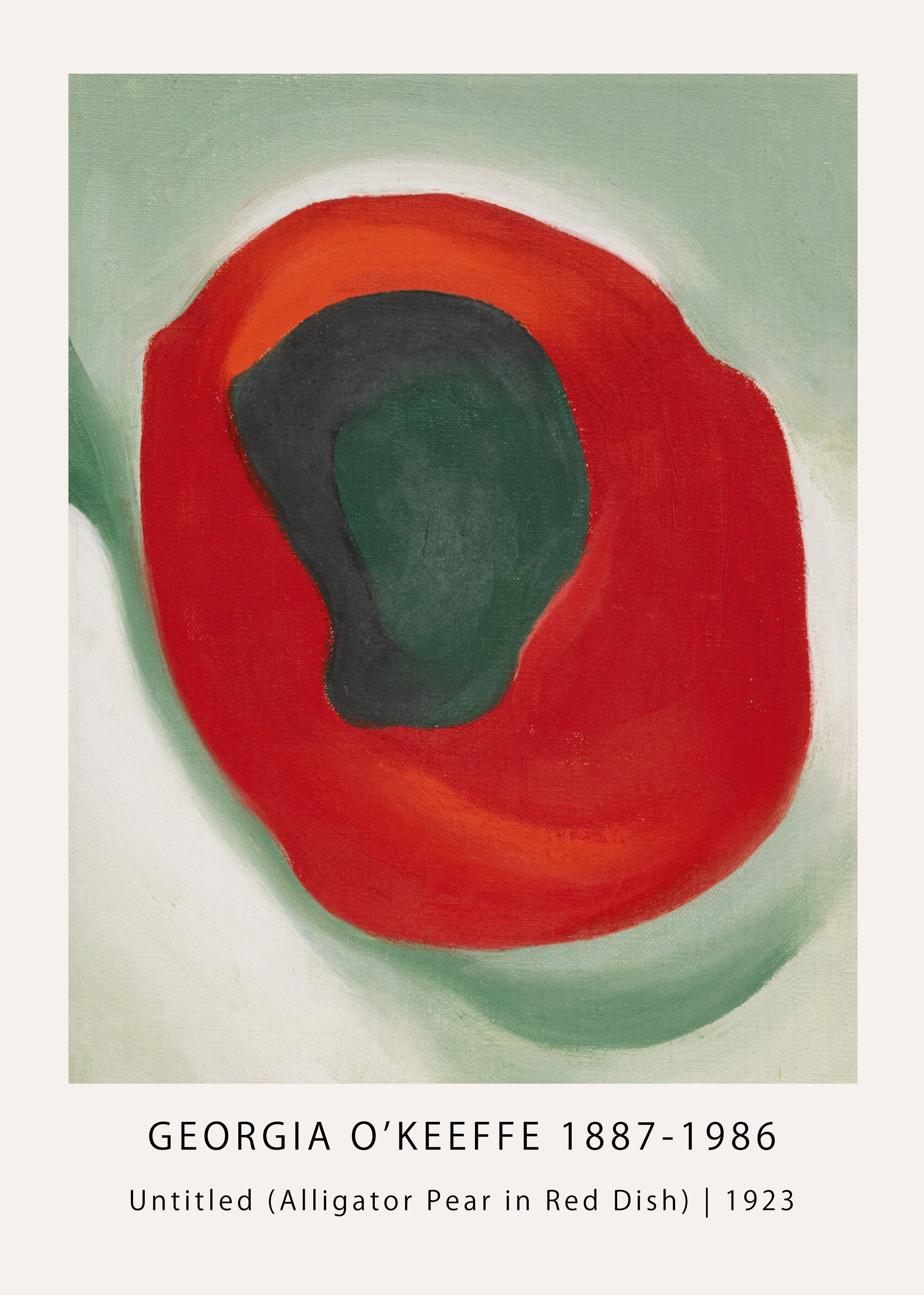 Highly abstracted oil painting by Georgia O'Keeffe, "Alligator Pear in Red Dish" (1923), featuring vibrant red and deep green organic shapes on a pale background.