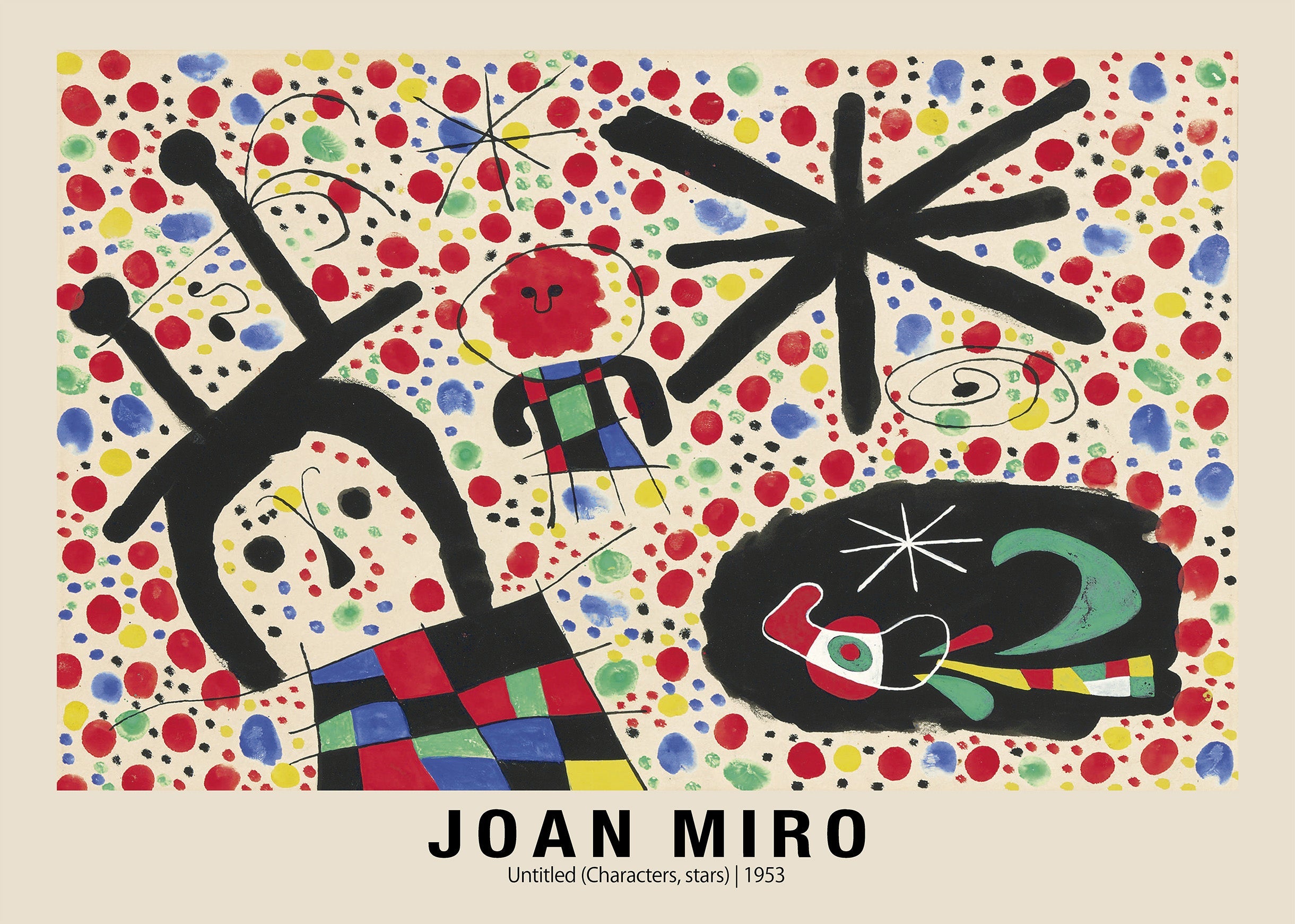 Joan Miró's 1953 Untitled print showing black abstract figures and stars over a field of red, yellow, and blue primary color dots.