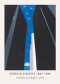 Georgia O'Keeffe's "Untitled (City Night)" abstract painting reproduction, featuring towering black skyscrapers framing a vibrant blue sky with bright lights.
