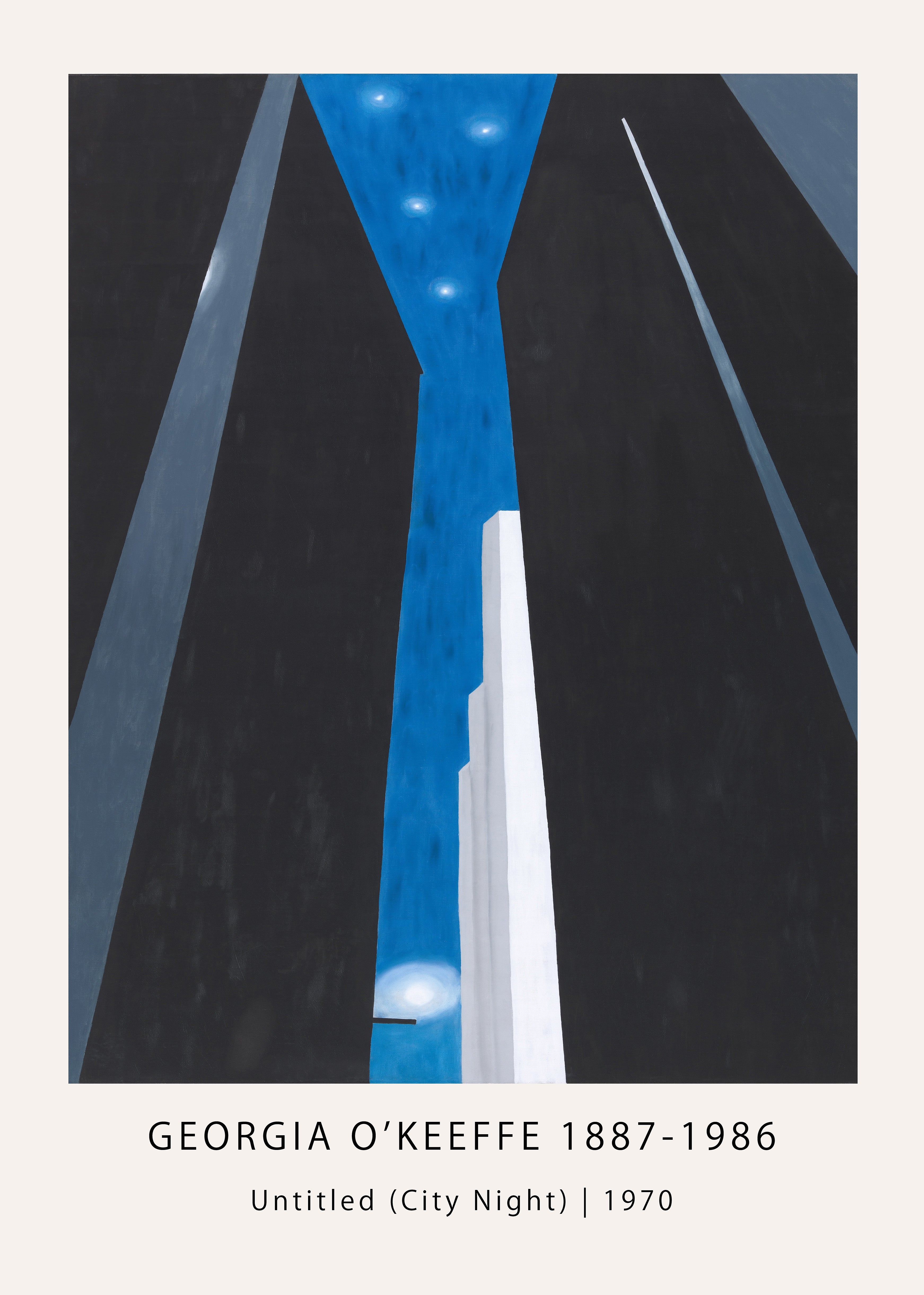 Georgia O'Keeffe's "Untitled (City Night)" abstract painting reproduction, featuring towering black skyscrapers framing a vibrant blue sky with bright lights.