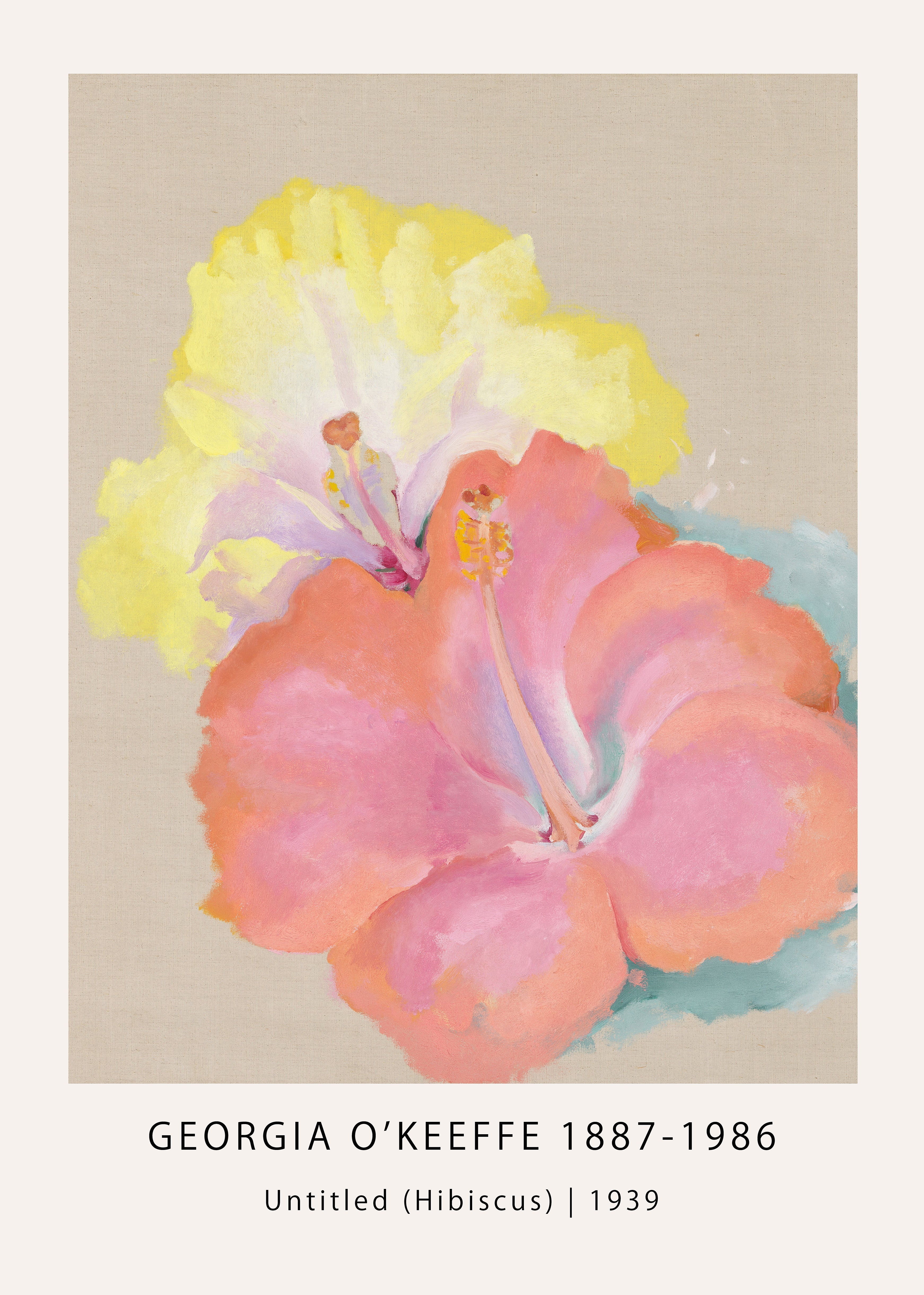 Close-up reproduction of Georgia O'Keeffe's 1939 "Hibiscus" oil painting featuring large, abstract pink and yellow flowers on a neutral canvas background.