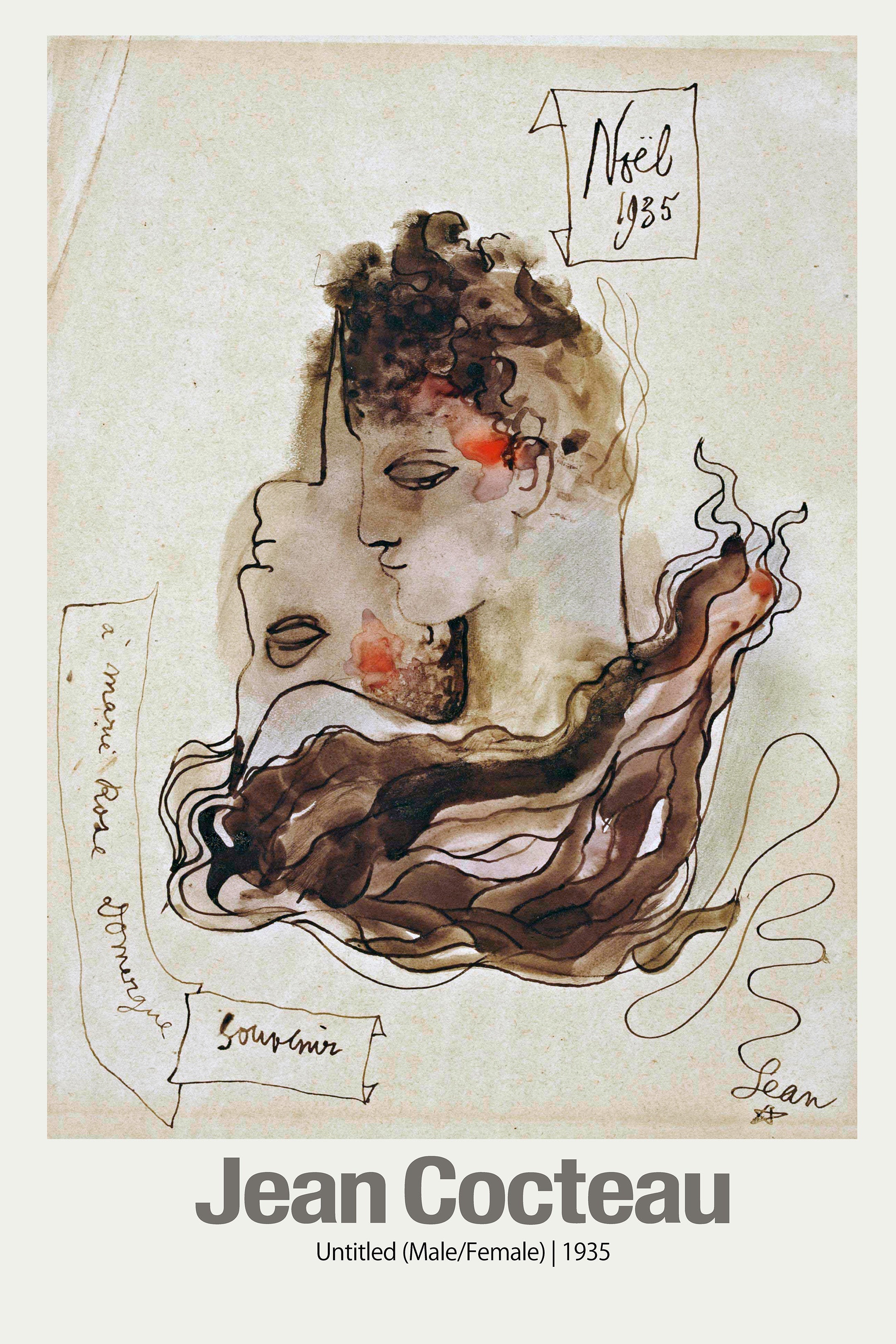 Expressive watercolor and ink drawing by Jean Cocteau from 1935 showing two interwoven profiles (male/female) in sepia tones with red accents.