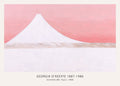 Reproduction print of Georgia O'Keeffe's minimalist 1960 painting of a stark white Mt. Fuji against a pastel pink sky.
