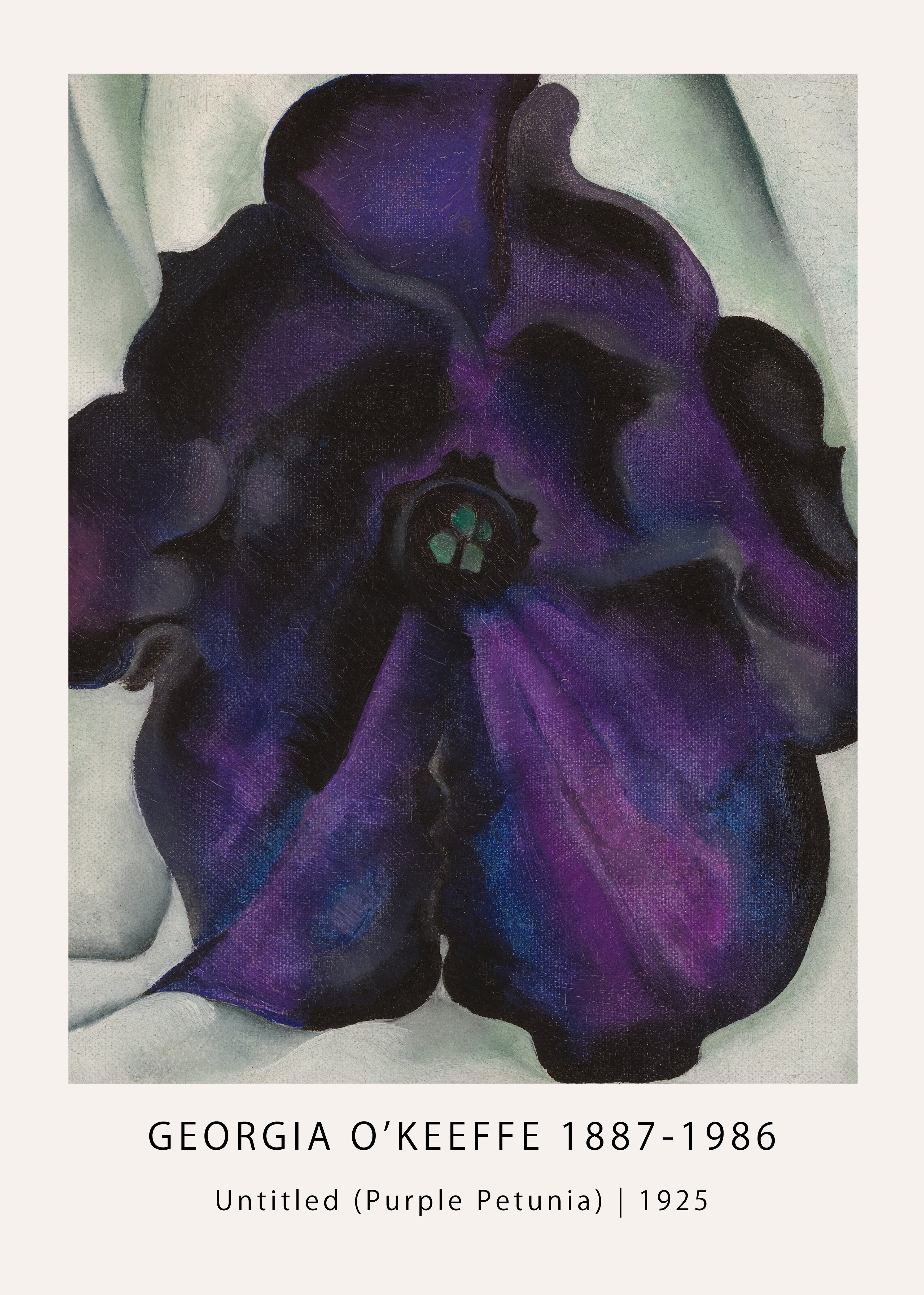A close-up, large-scale painting reproduction of Georgia O'Keeffe’s 1925 oil on canvas, Untitled (Purple Petunia), featuring deep indigo and violet tones.