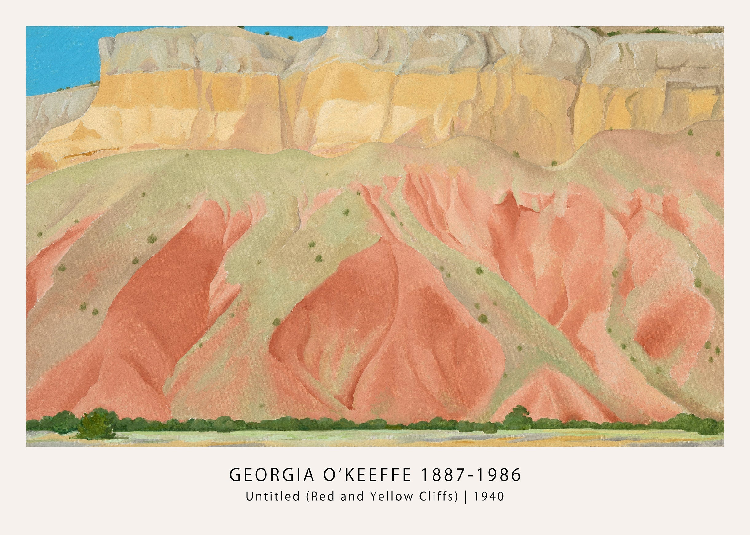 Abstracted oil painting by Georgia O'Keeffe showing stratified red, green, and yellow cliffs of the New Mexico desert against a bright blue sky.