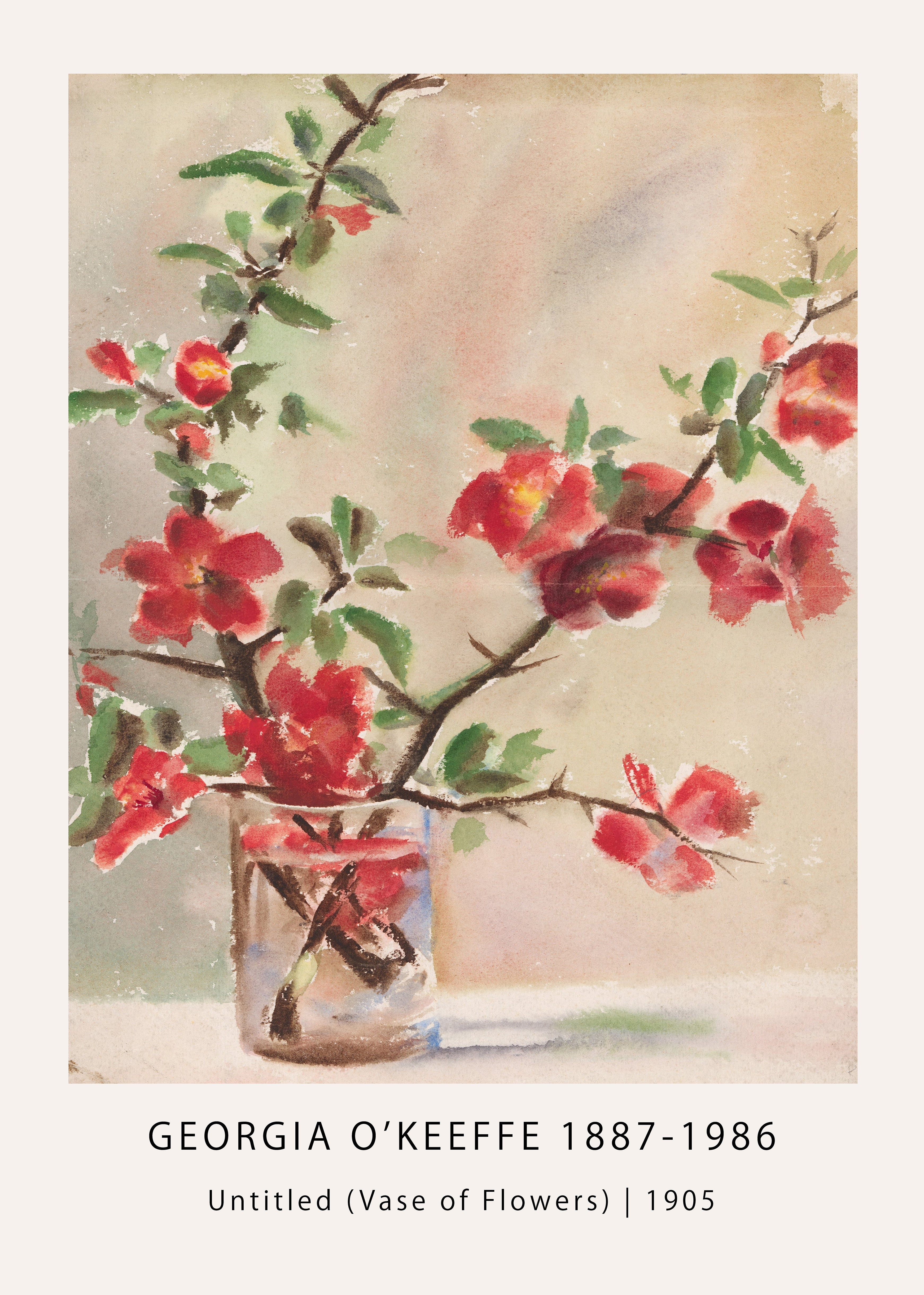 Georgia O'Keeffe watercolor painting of red flowering branches in a clear glass vase, set against a soft, pale background from 1905.
