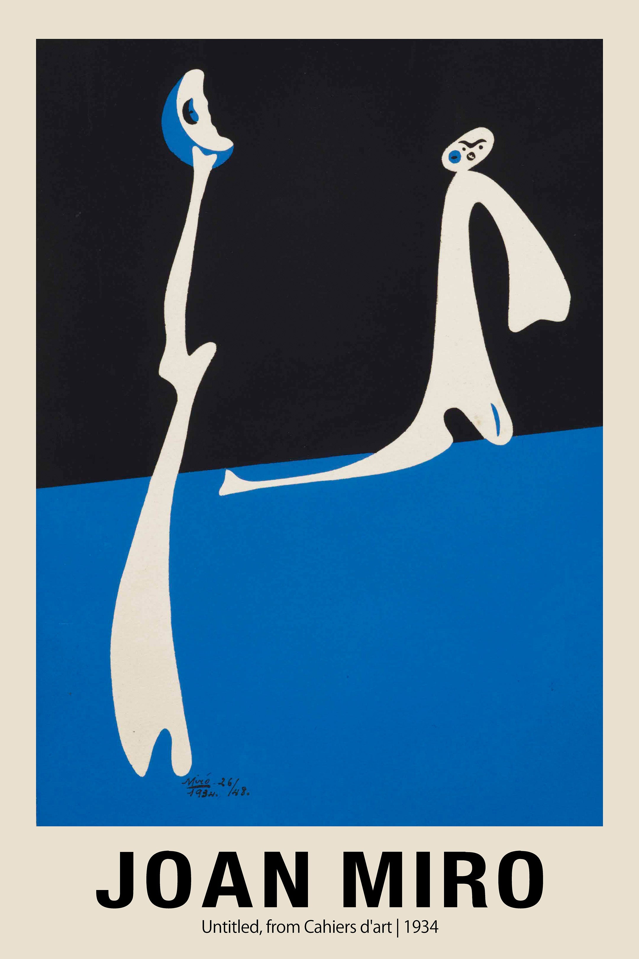 Abstract Joan Miró artwork, Untitled from Cahiers d'art (1934), featuring two white biomorphic figures against a black and vibrant blue background.