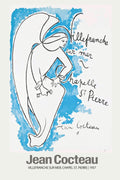 Reproduction poster by Jean Cocteau (1957) showing a flowing, black line art angel figure against a vibrant blue watercolor background. Text mentions Villefranche-sur-Mer chapel.