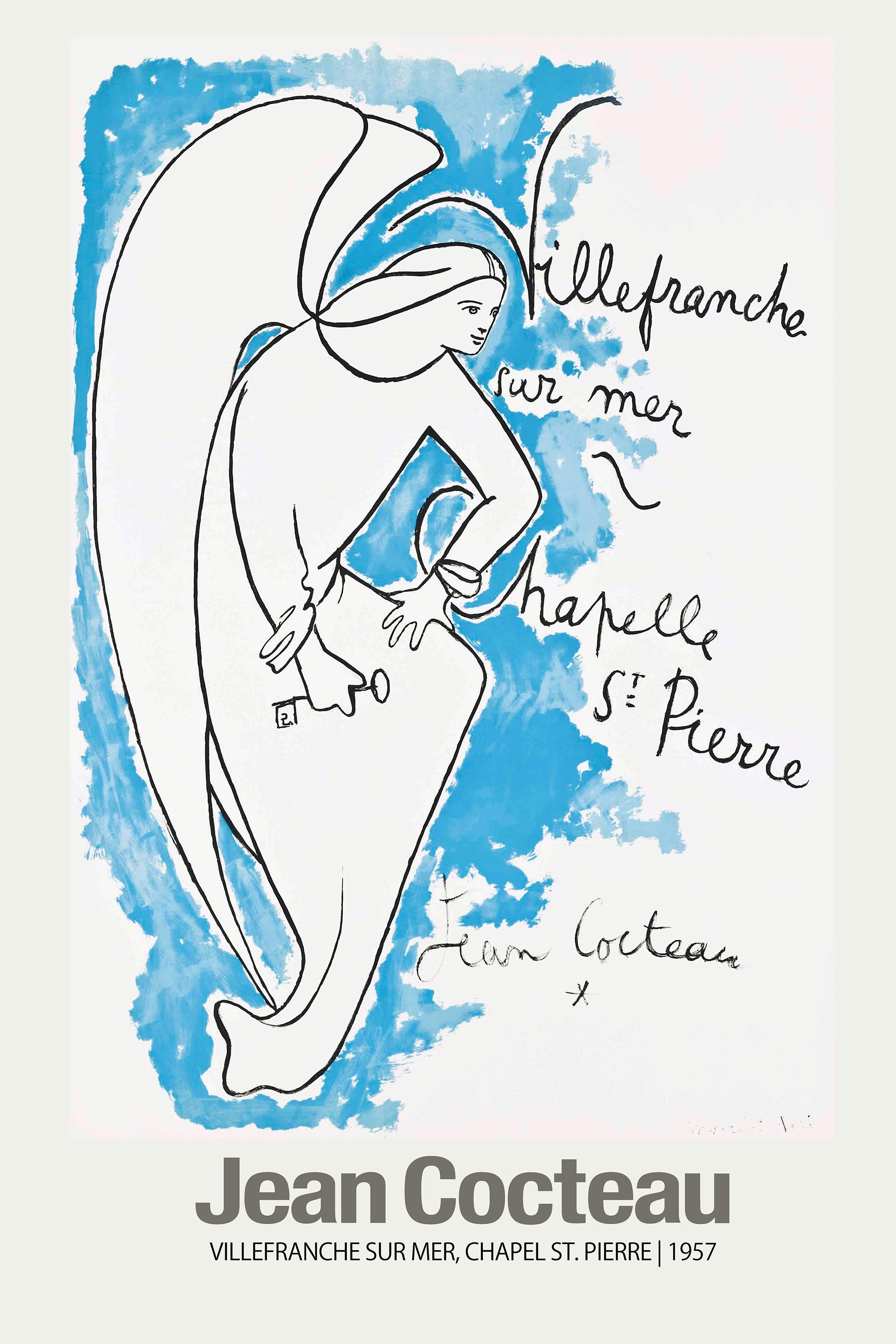 Reproduction poster by Jean Cocteau (1957) showing a flowing, black line art angel figure against a vibrant blue watercolor background. Text mentions Villefranche-sur-Mer chapel.