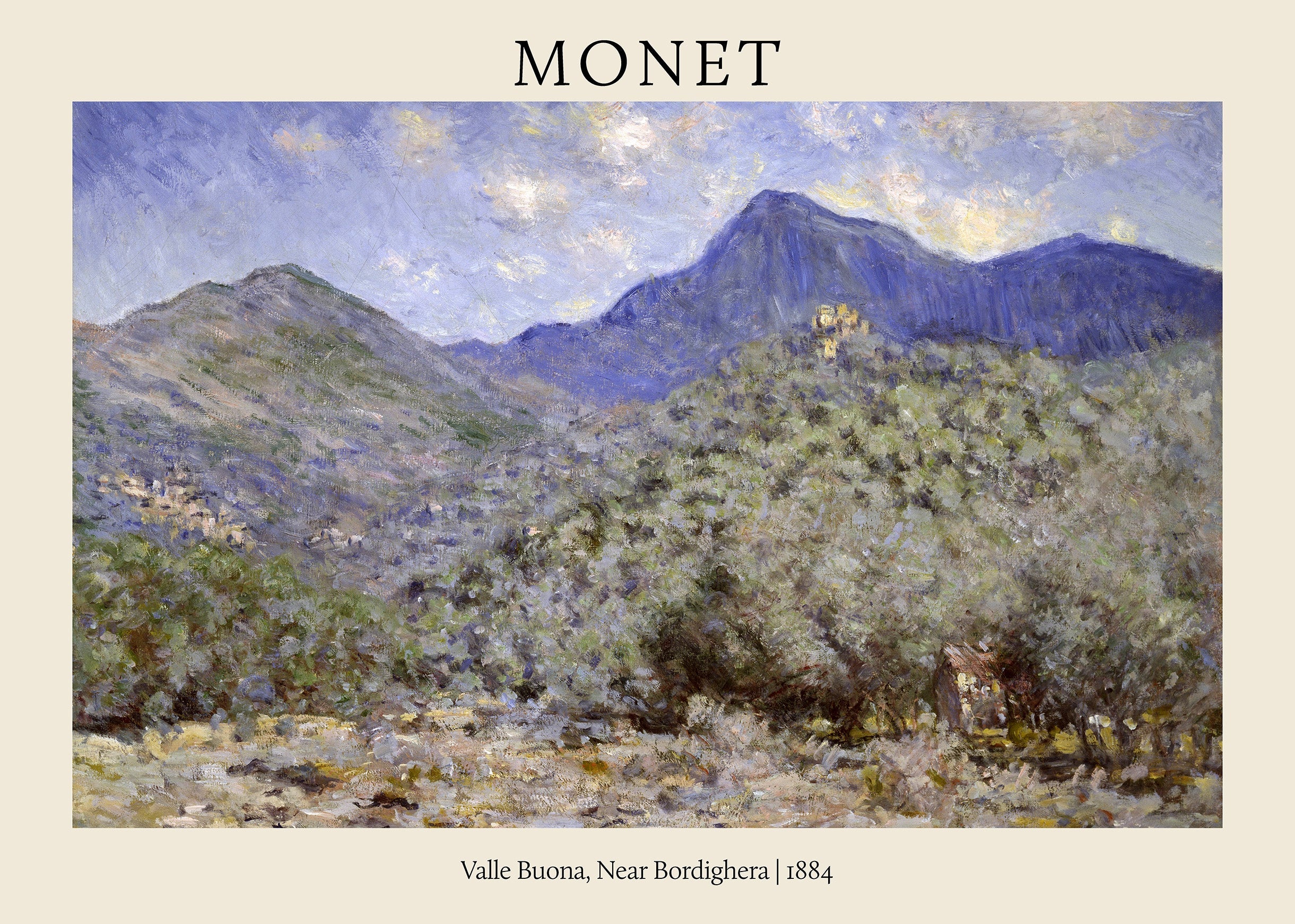 Claude Monet Impressionist painting of Valle Buona, Bordighera (1884), showing lush hillsides and purple mountains.